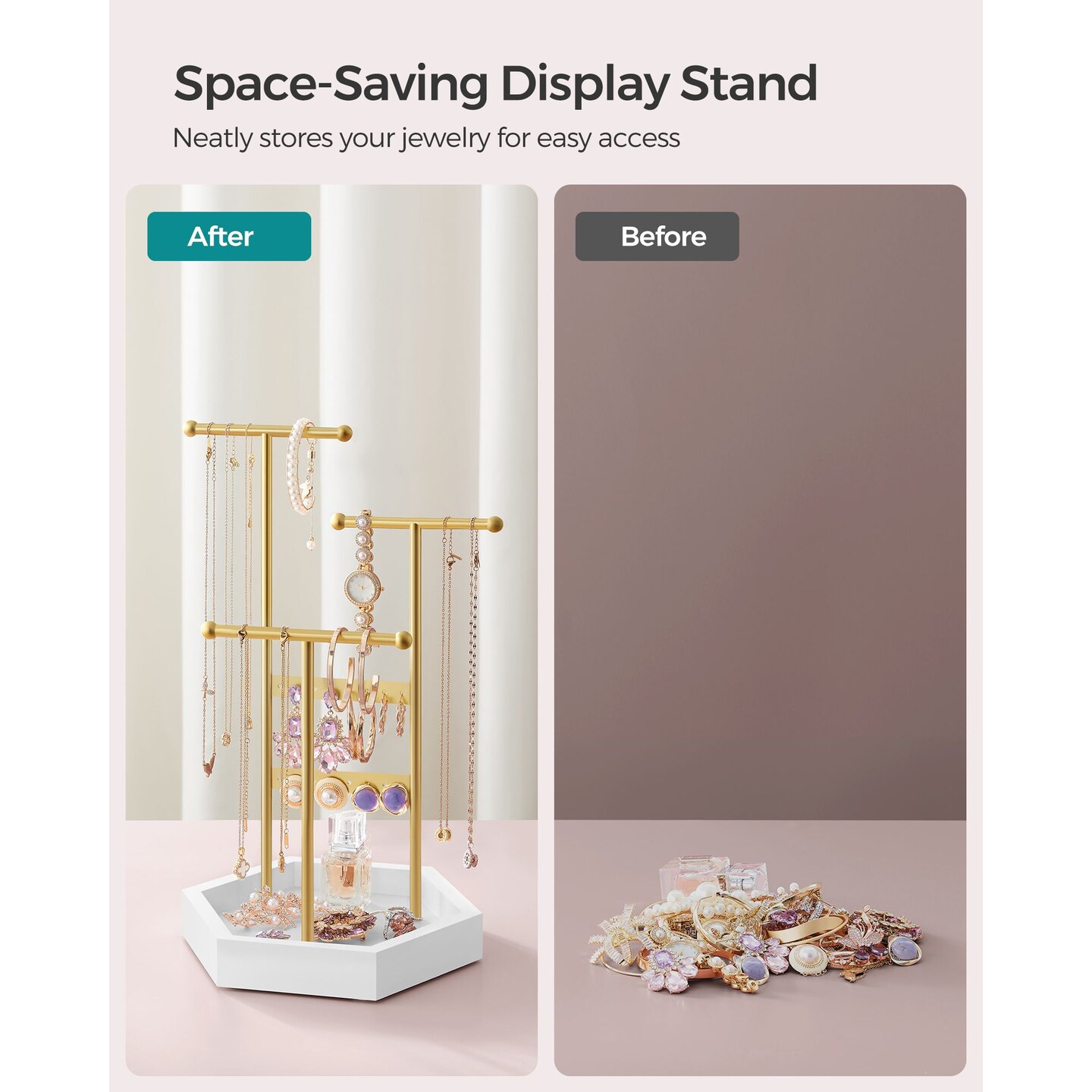 Modern Jewelry Stand Organizer 3 T Bars 16 Holes Earring Holder with Tray Necklace Bracelet Display