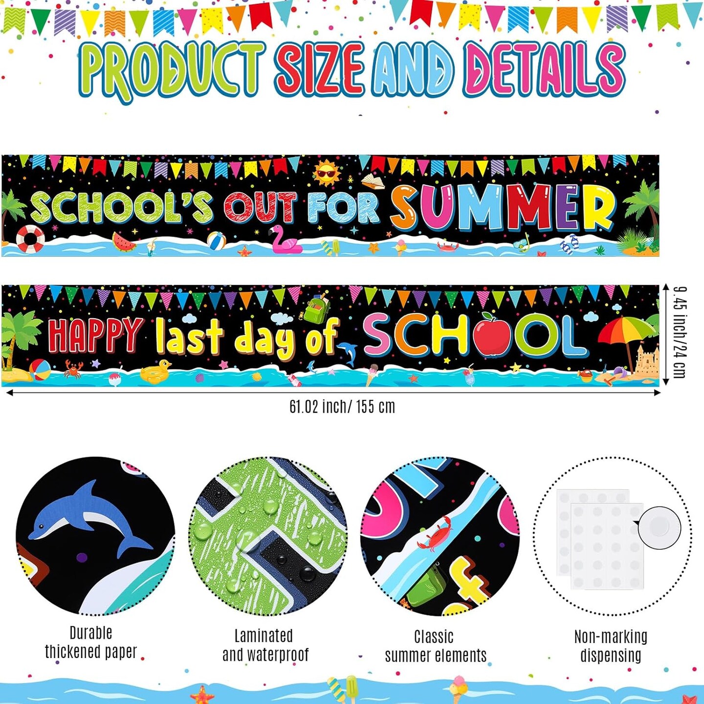 2‑Piece School’s Out for Summer Banner Set | Happy Last Day of School Backdrop, Graduation Photo Booth Props for Home & Classroom, Indoor/Outdoor Summer Party Decor