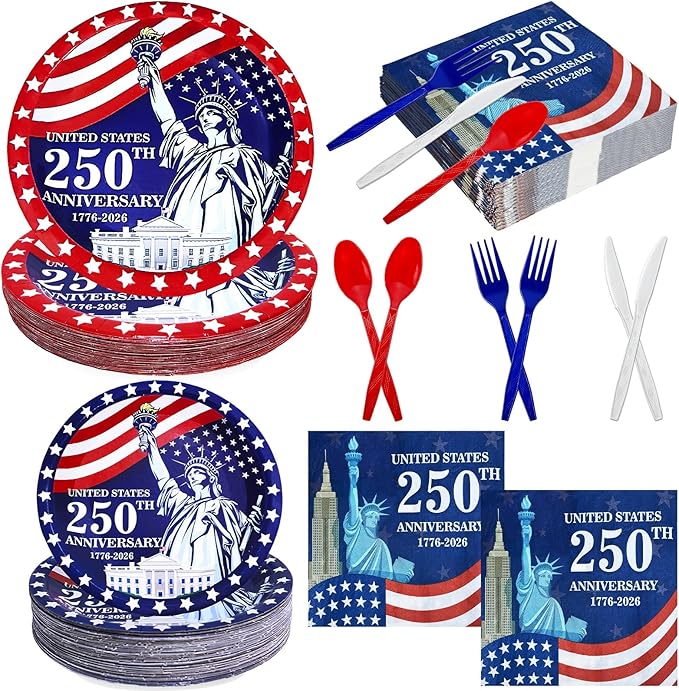 300 Pcs 250th Anniversary 4th of July Decorations American Flag Patriotic Party Supplies Set - Serve 50, 4th of July Disposable Paper Plates Napkins Cutlery Knives Forks Spoons Red White Blue Decor