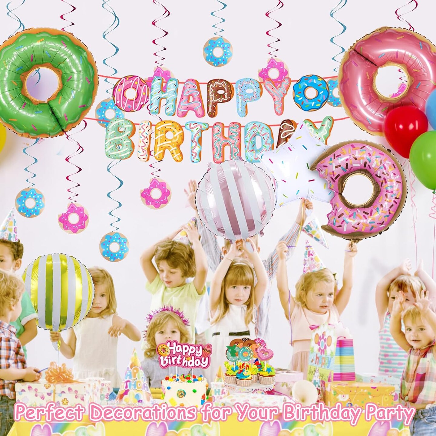 60 Pcs Candyland Party Decorations, Donut Party Supplies with Happy Birthday Banner, Cake Topper, Swirls, and Balloons