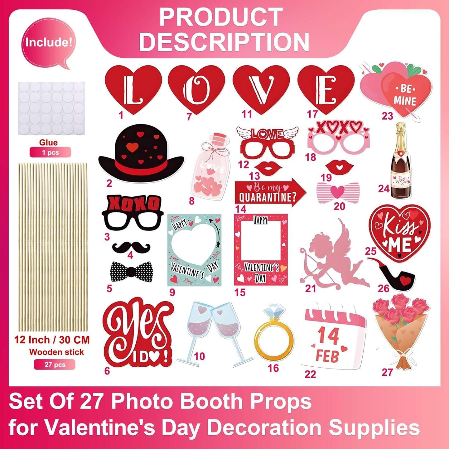 Happy Valentine&#x27;s Day Photo Booth Props 27 Pcs Valentines Day Selfie Photobooth Props Decorations,Valentine Photo Props Funny Backdrop Decorations