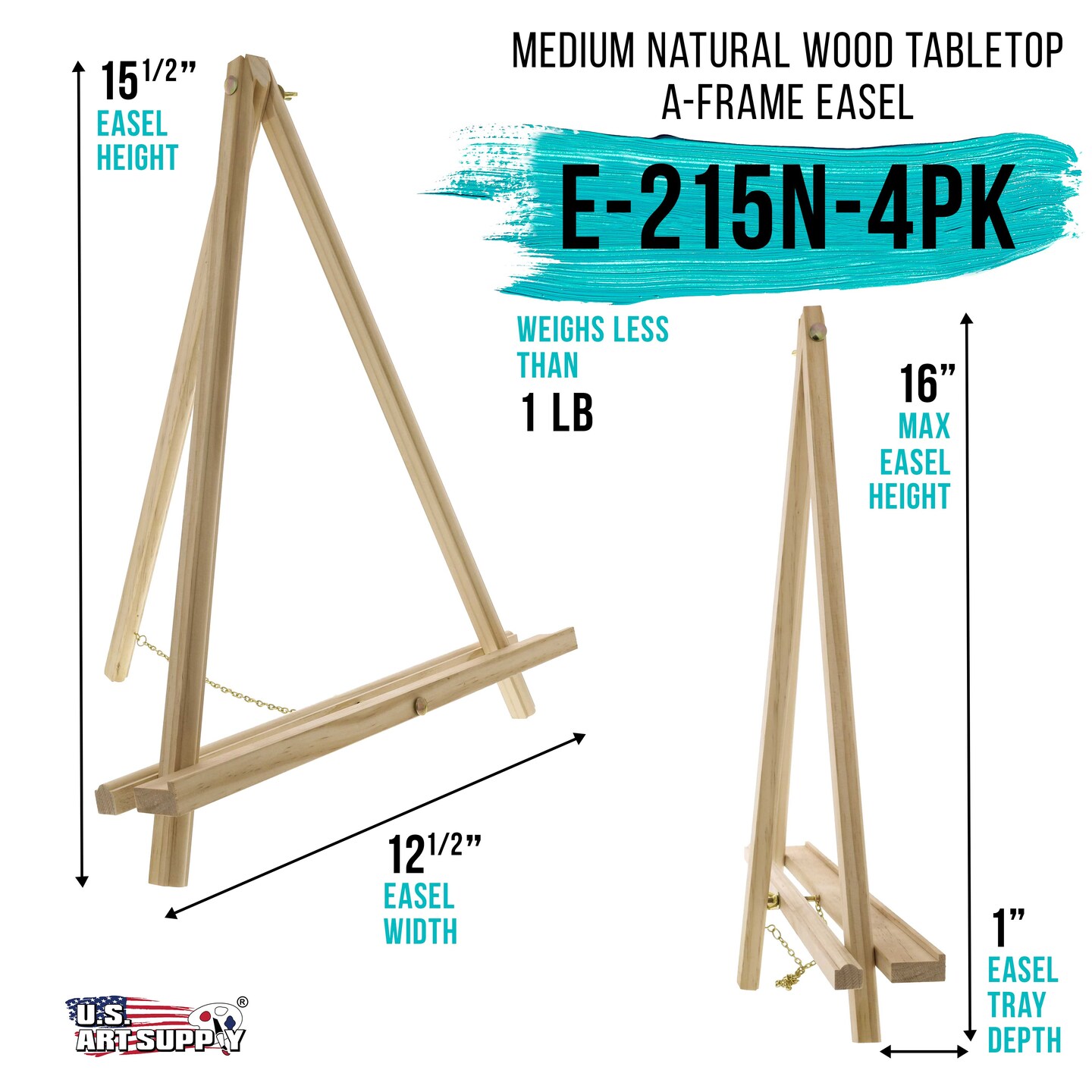 16&#x22; High Natural Wood Display Stand A-Frame Artist Easel, 4 Pack - Adjustable Wooden Tripod Tabletop Holder Stand for Canvas, Painting Party, Signs