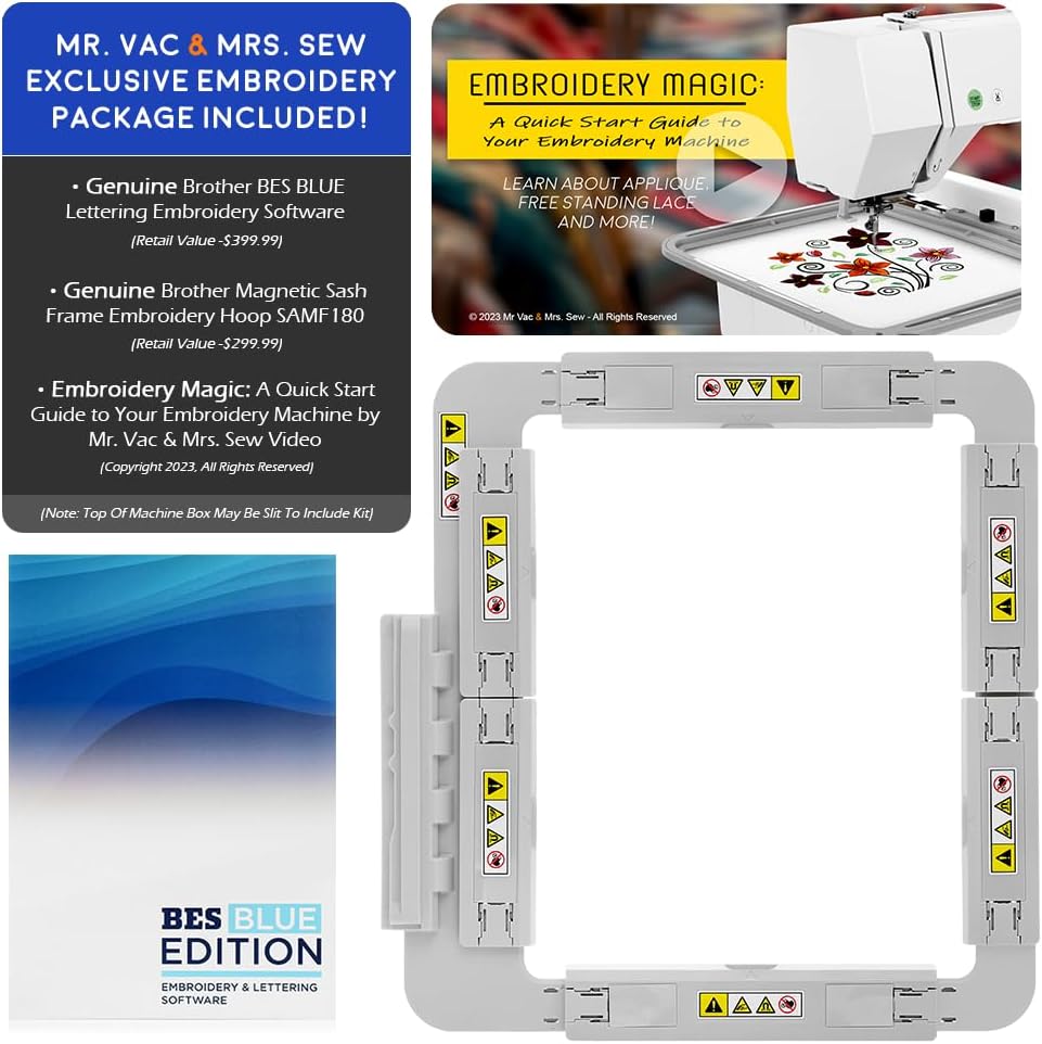 Brother NQ1700E Embroidery Machine, 6" x 10" Field Size, Cuts Jump Stitches, Wireless, Includes BES Lettering Software + Brother Magnetic SAMF180 Hoop + Mr. Vac & Mrs. Sew - Embroidery Magic Video