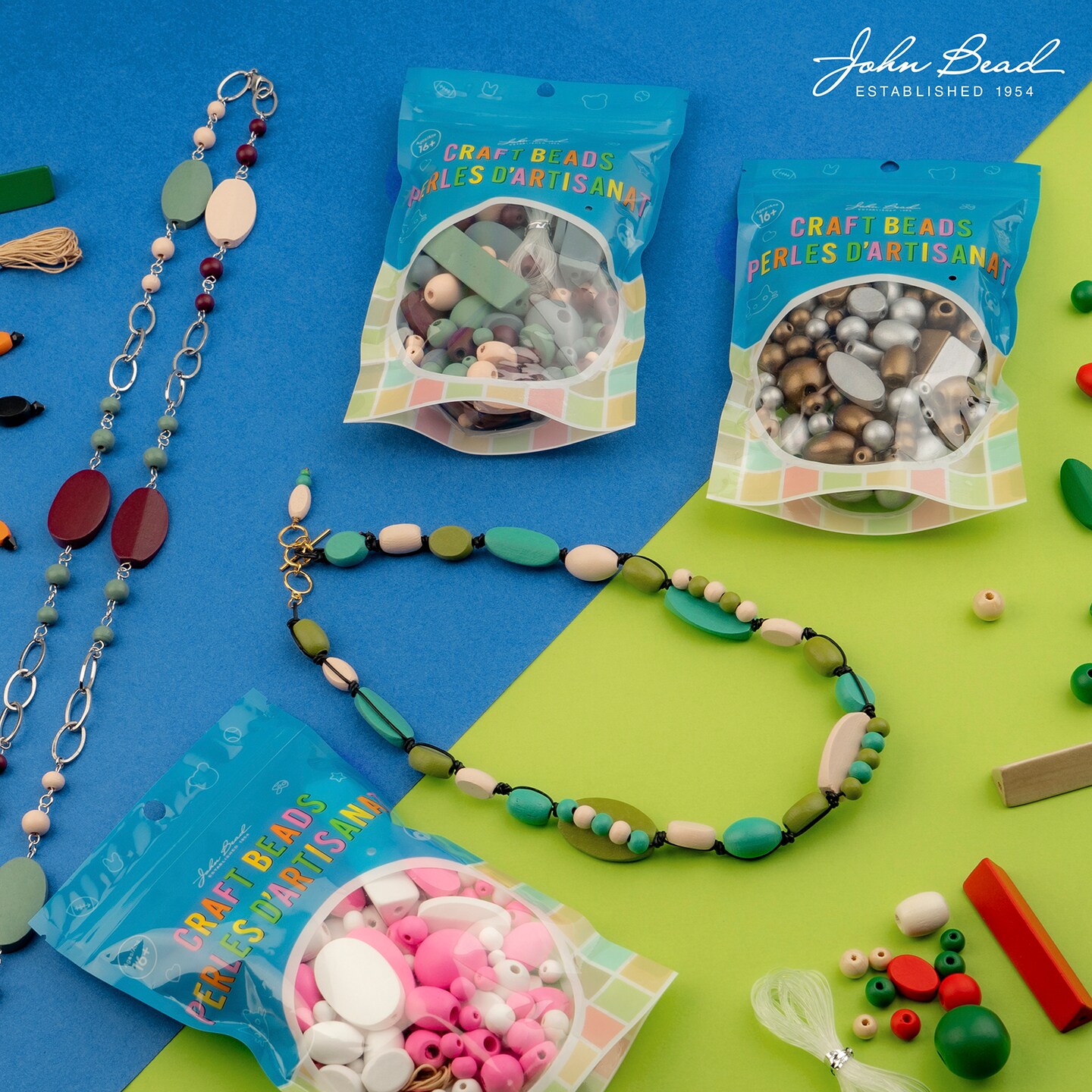 John Bead Craft Wood Beads with Elastic Nylon Cord, 90g
