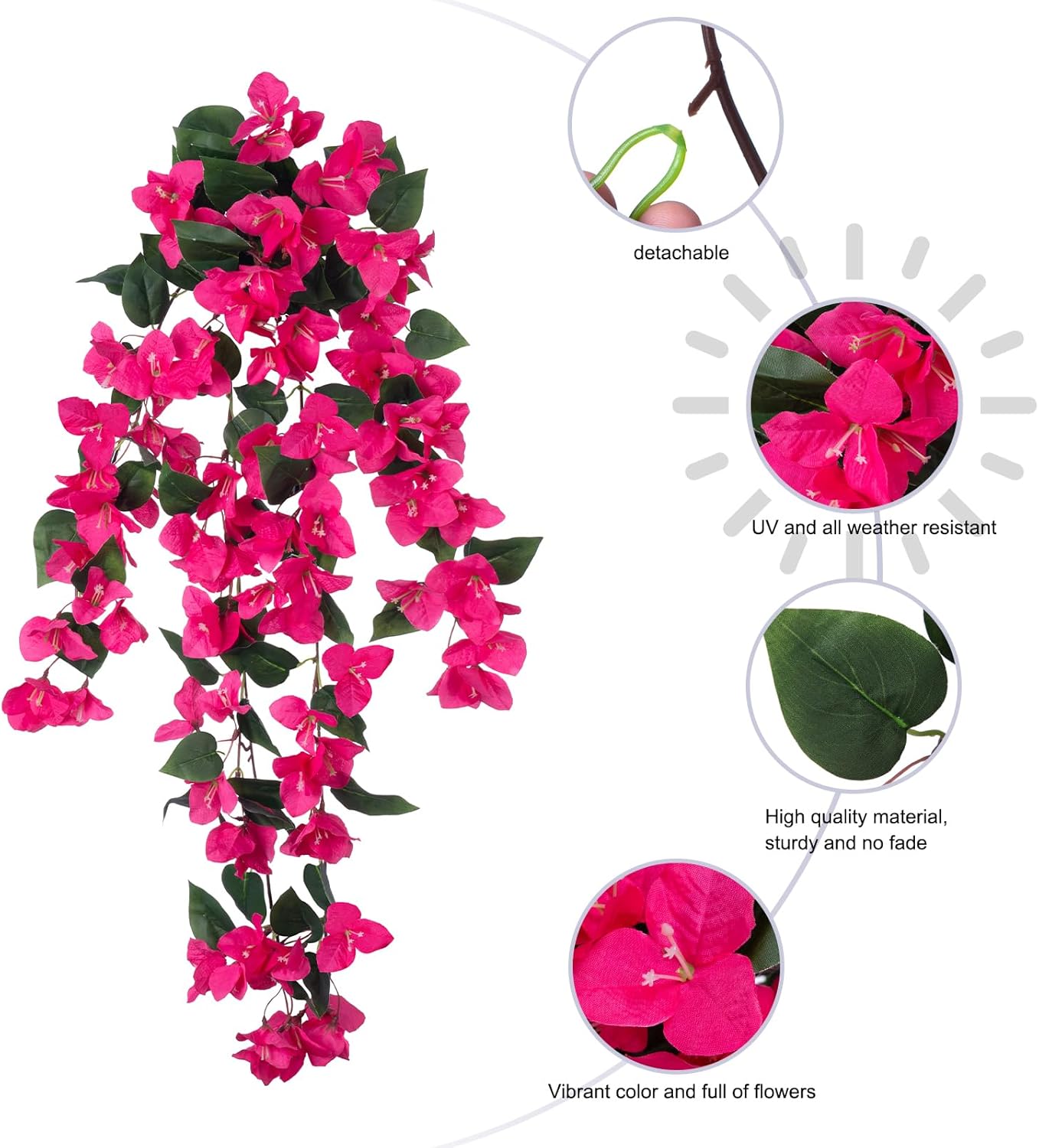 Artificial Fake Hanging Flowers Plants for Outdoor Outside Decor, 2 PCS Faux Silk Bougainvillea Long Vines UV Resistant Realistic Faux Hanging Flower for Home Porch Patio Balcony Yard, Hotpink