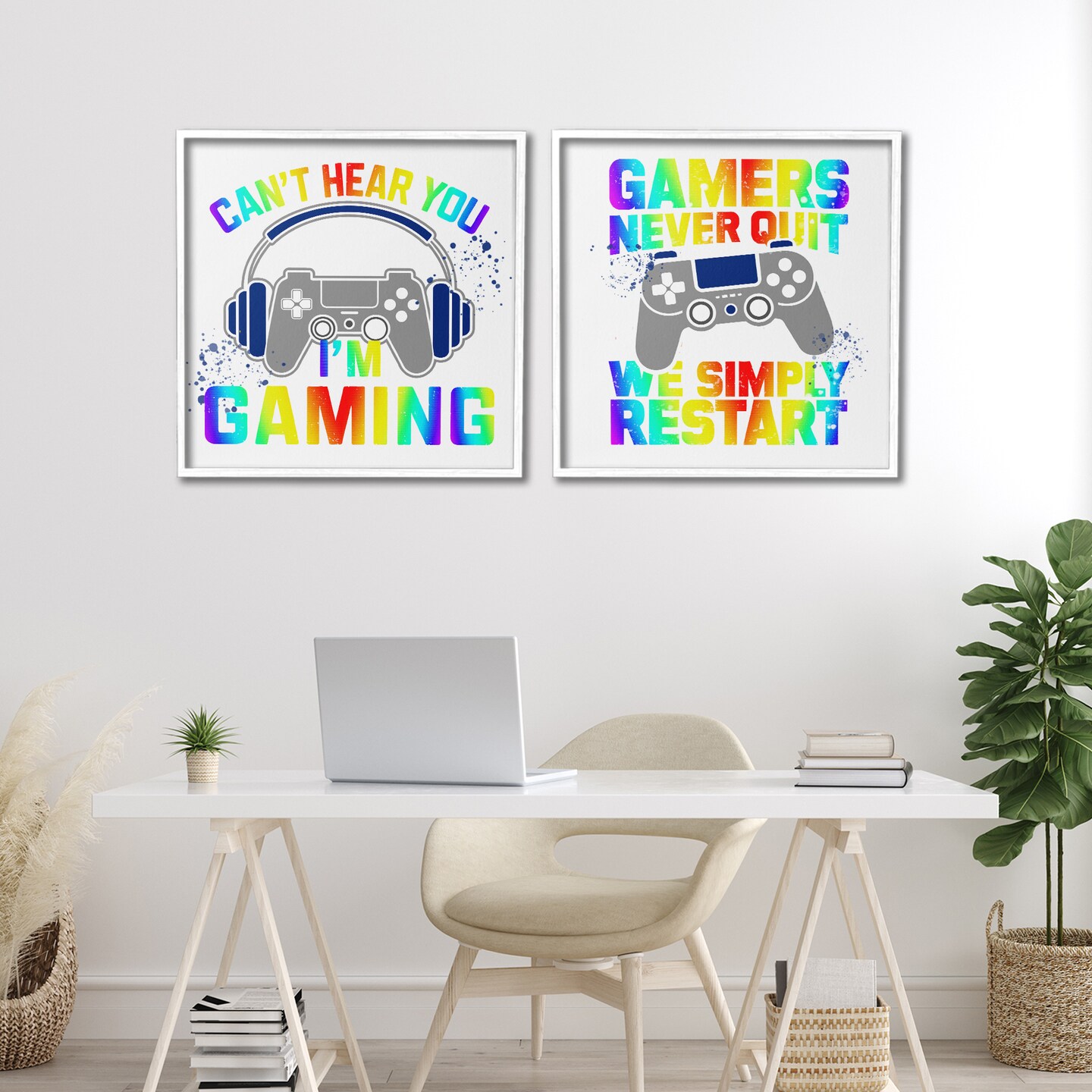 Stupell Industries Rainbow Retro Gaming Phrases 2pc Framed Giclee Set, design by Kim Allen