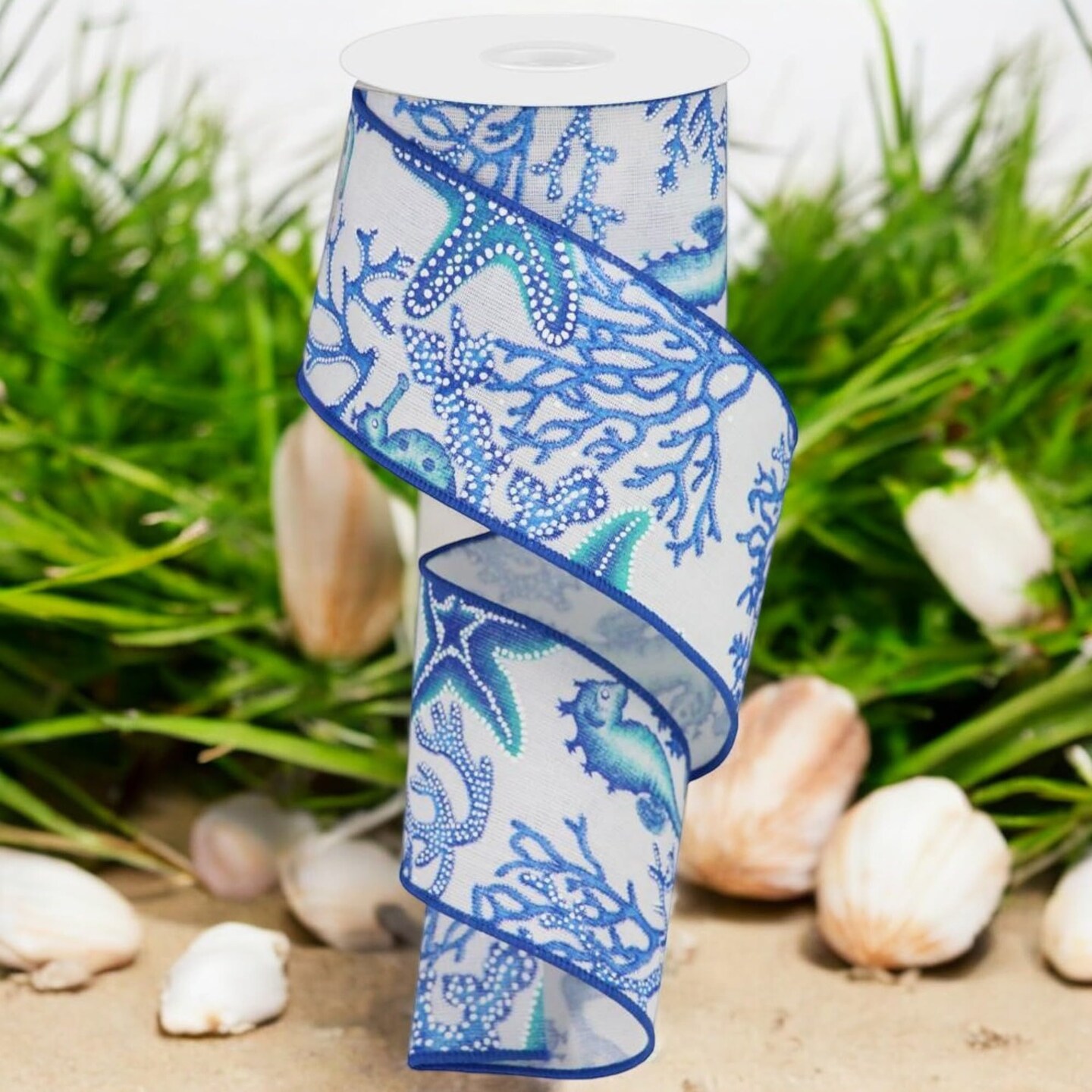 RG Ribbon: 2.5" Ocean Themed Wired Ribbon with Seahorses and Starfish, 10 Yards For Bows, Wreaths, Crafts and Decorations - Summer, Nautical