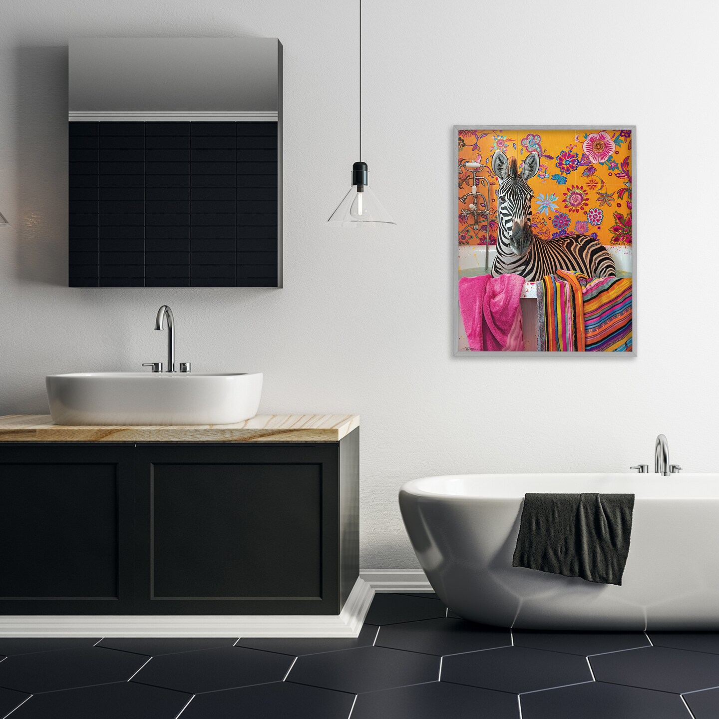Stupell Industries Zebra Bath with Colorful Towel Framed Giclee, design by Momart