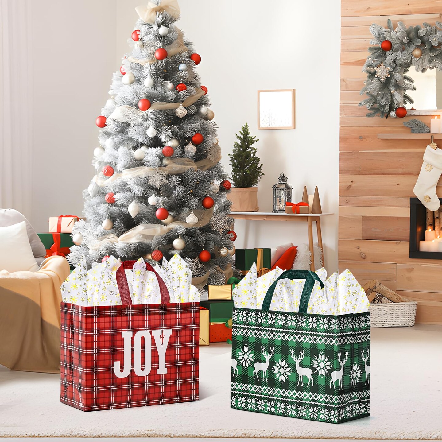 2 Pack 13" Large Christmas Gift Bags with Tissue Paper, Reusable Christmas Tote Bags with Handles, Non-Woven Holiday Gift Bags for Xmas Gift Wrap/Party Favor Supplies, 12.8"*10.2"*6.3"