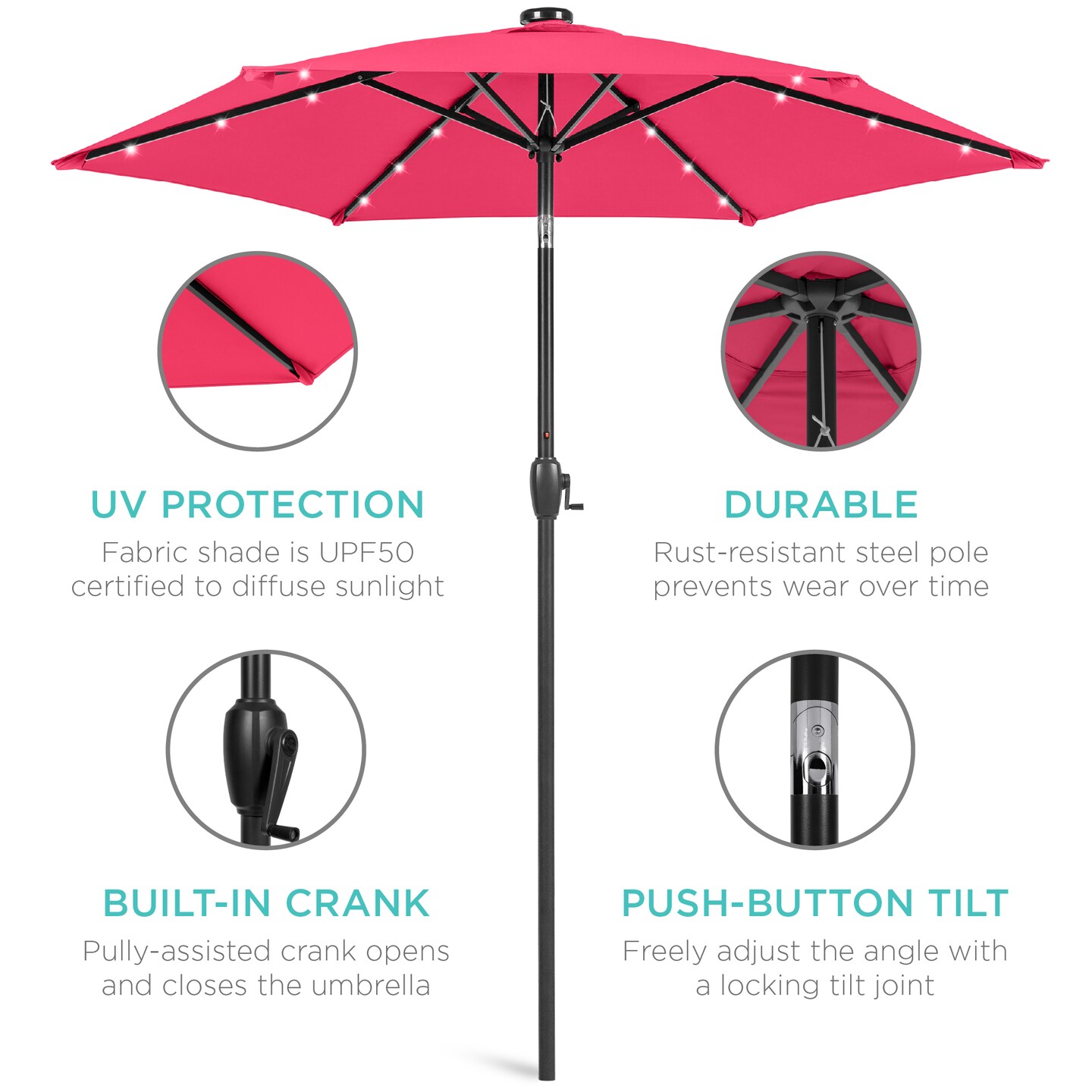 Best Choice Products 7.5ft Outdoor Solar Patio Umbrella for Deck, Pool w/ Tilt, Crank, LED Lights