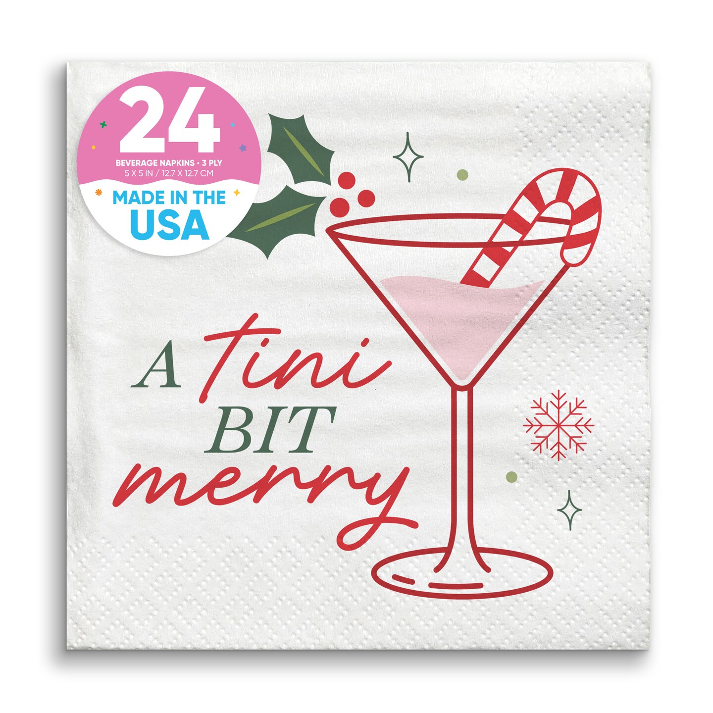 Big Dot of Happiness A Tini Bit Merry Napkins, Christmas Cocktail Party Decor, Holiday Candy Cane Martini, White 3-Ply Paper Beverage Napkins - 24 Ct