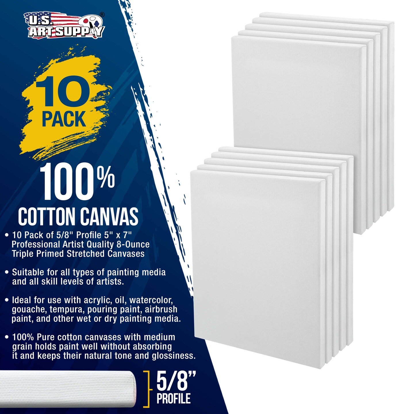 5 x 7 inch Stretched Canvas Super Value 10-Pack - Triple Primed Professional Artist Quality White Blank 5/8&#x22; Profile, 100% Cotton, Heavy-Weight Gesso