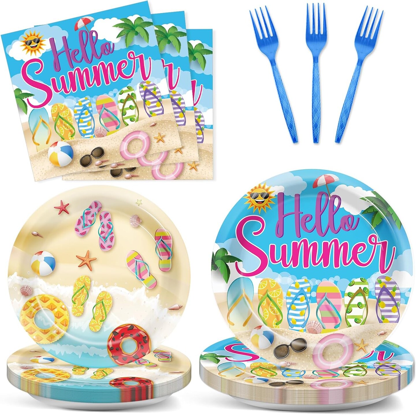 96Pcs Hello Summer Plates and Napkins Beach Party Decorations