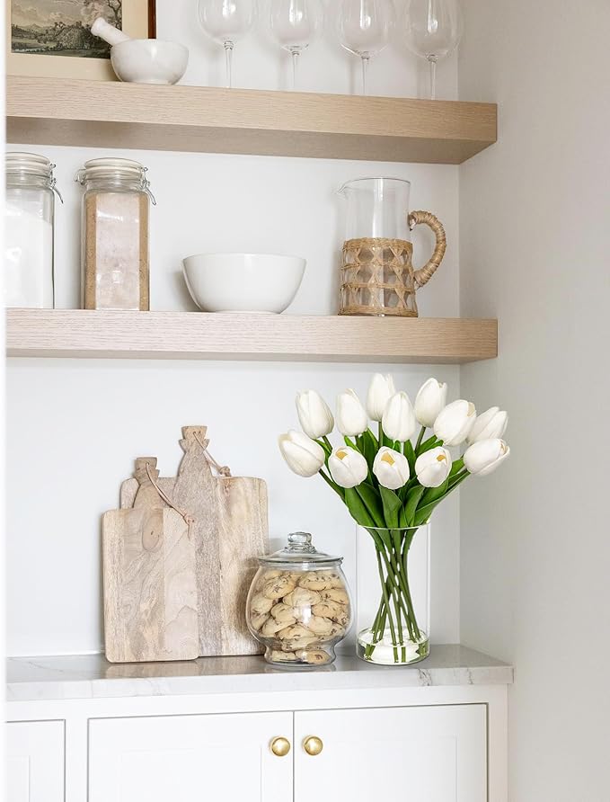 12 Pcs Artificial Real Touch Tulips Flowers in Glass Vase with Faux Water, Tulips Fake Arrangements White Tulips with Vase for Dining Table Home Decor Wedding Centerpieces