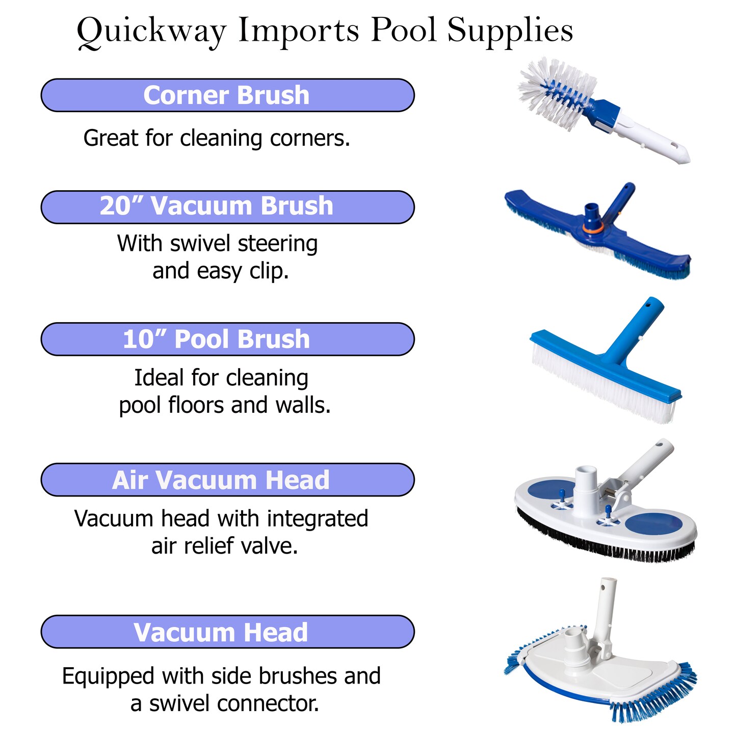 Quickway Imports Round Pool Corner and Step Brush Head Fine Bristle Scrub for In-Ground & Above-Ground Swimming Pools Spas Hot Tubs & Tight Spaces Fits Standard Poles with Easy Clip Handle Attachment