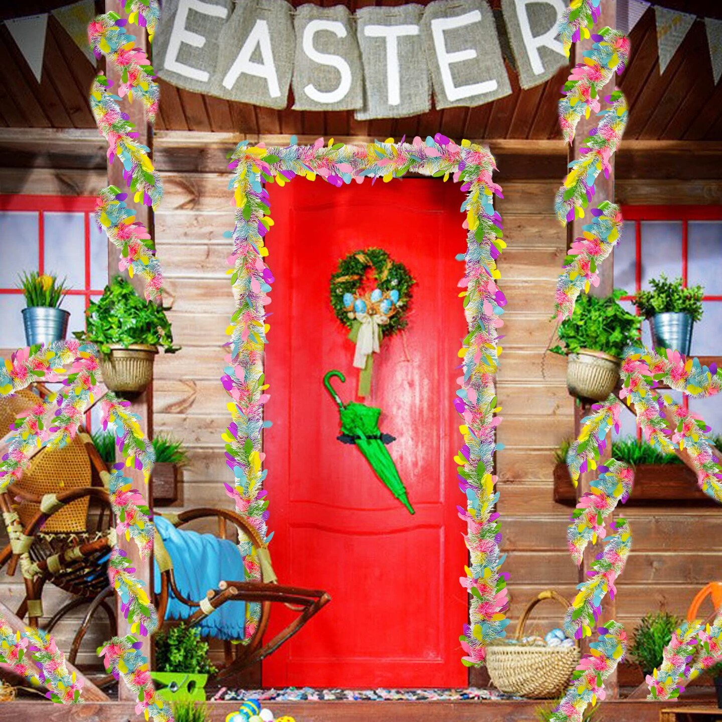 5 Strings Total 75 Ft Easter Tinsel Garlands Decorations with Colorful Easter Eggs Metallic Streamers Hanging Fringe Garland Easter Decorations Outdoor Indoor Home Party, Each 15 Ft by 6"