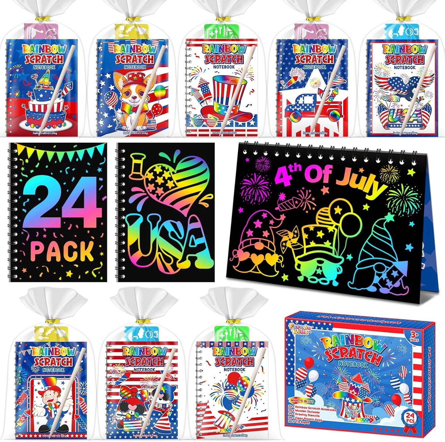 24 Pack 4th of July Rainbow Scratch Art Notebook Party Favors