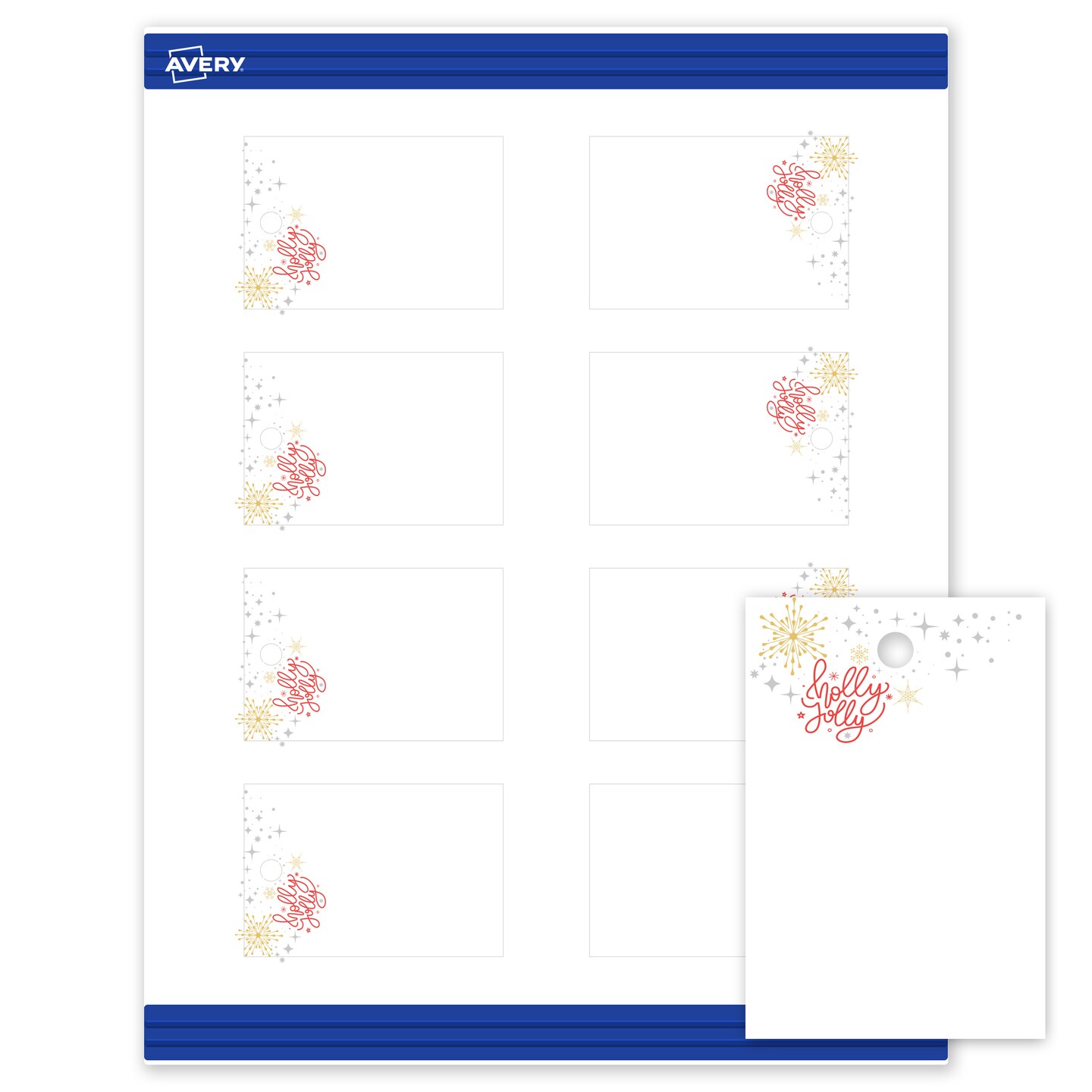 Avery Printable Tags with Sure Feed Technology, Rectangle, 2" x 3", Pre-Printed Holly Jolly Metallic Sparkles Design, Matte White, Laser & Inkjet Compatible, 80 Total