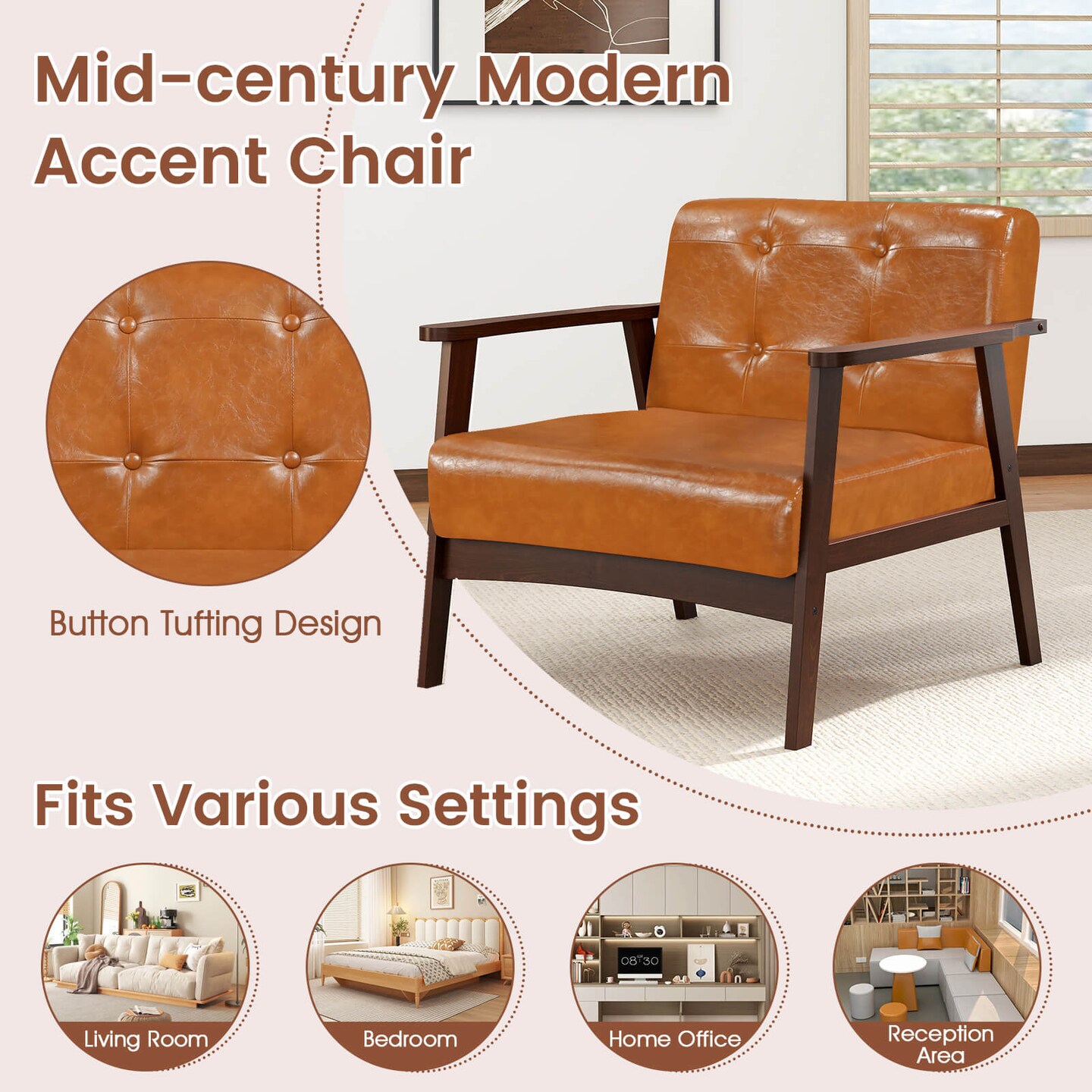 Costway Accent Chair with Armrest & Rubber Wood Frame Button Tufted Chair for Living Room Brown/Black