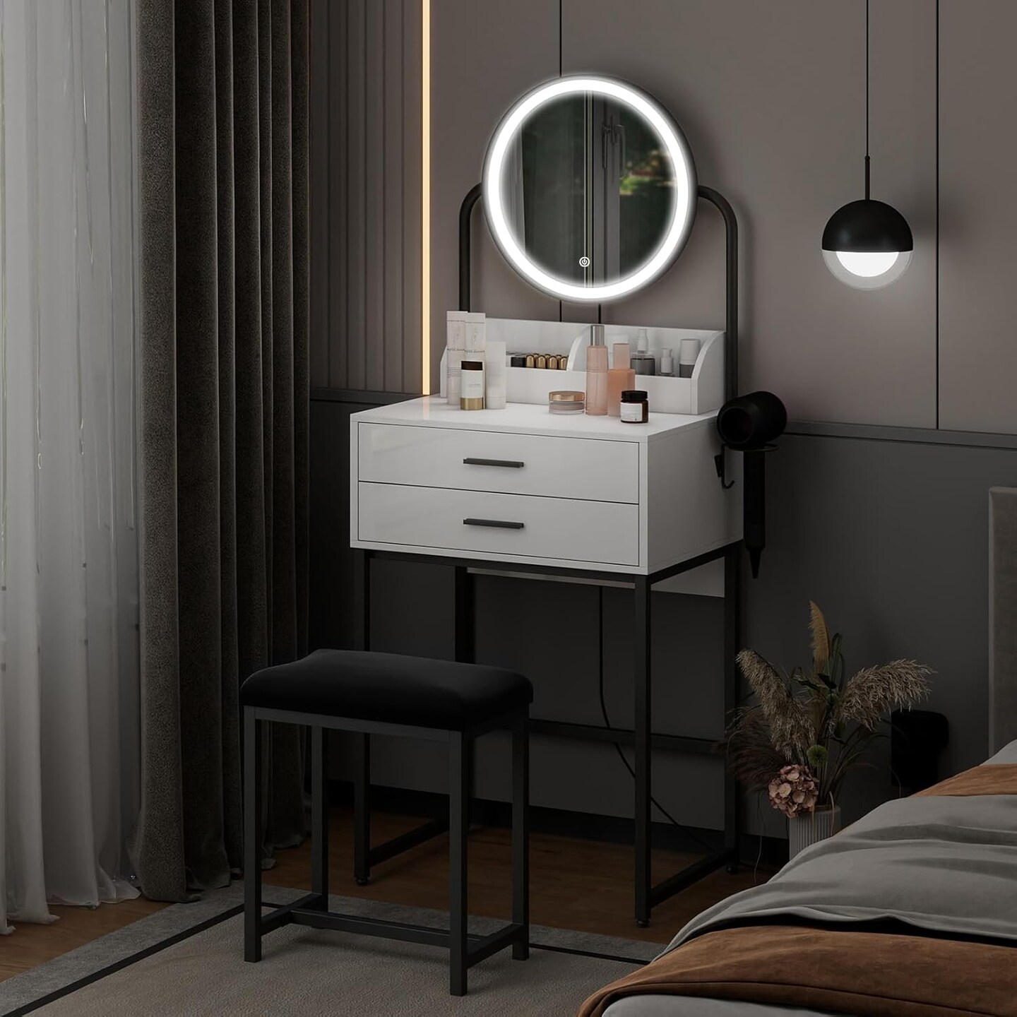 Small Vanity Desk with Lighted Mirror and Lights Compact Makeup Set with Drawers for Bedroom Mini White Modern Dressing Table with Chair