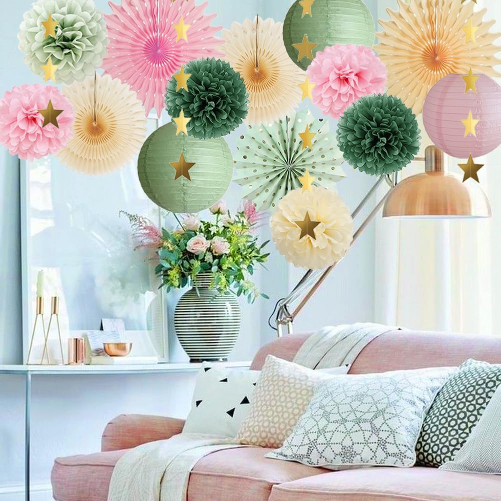 Sage Green and Pink Party Decorations Baby Shower Girl Olive Green and Light Pink Birthday Decorations Paper Lanterns Sage Beige Fans Pom Poms for Bridal Shower Wedding Engagement Nursery Decor