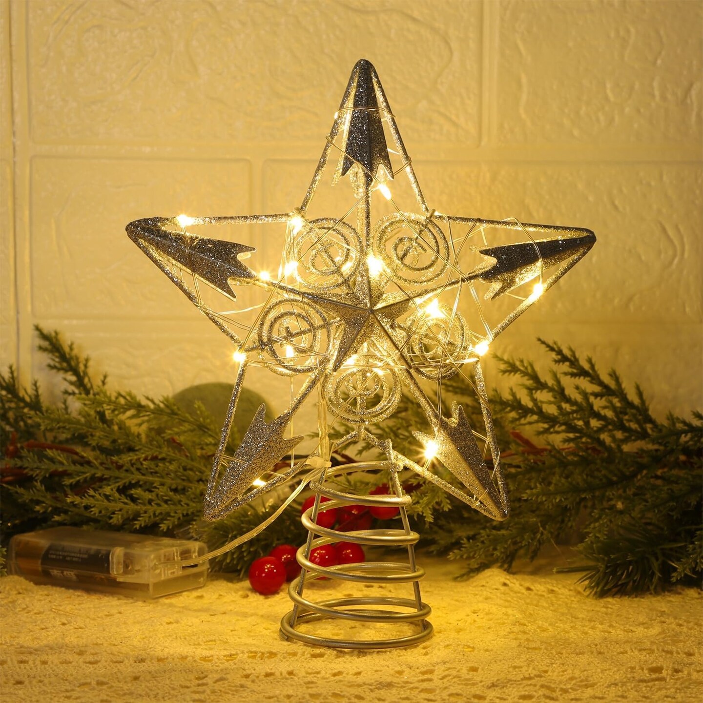 Star Tree Topper with 20 LED Lights, Metal Silver Lighted Treetop Ornaments
