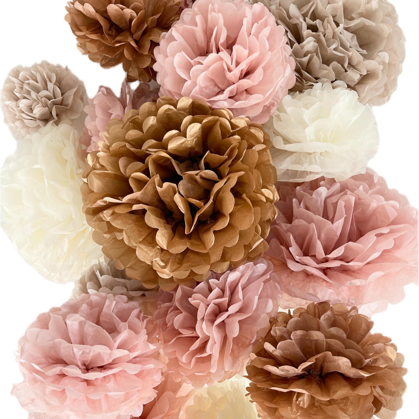 Vidal Crafts 20-Piece Boho Tissue Paper Pom Poms - Hanging Tissue Paper Flowers for Bridal Shower Decorations, Baby Shower Decorations for Girl, Wedding, Birthday Party - Assorted Sizes 6" to 14"