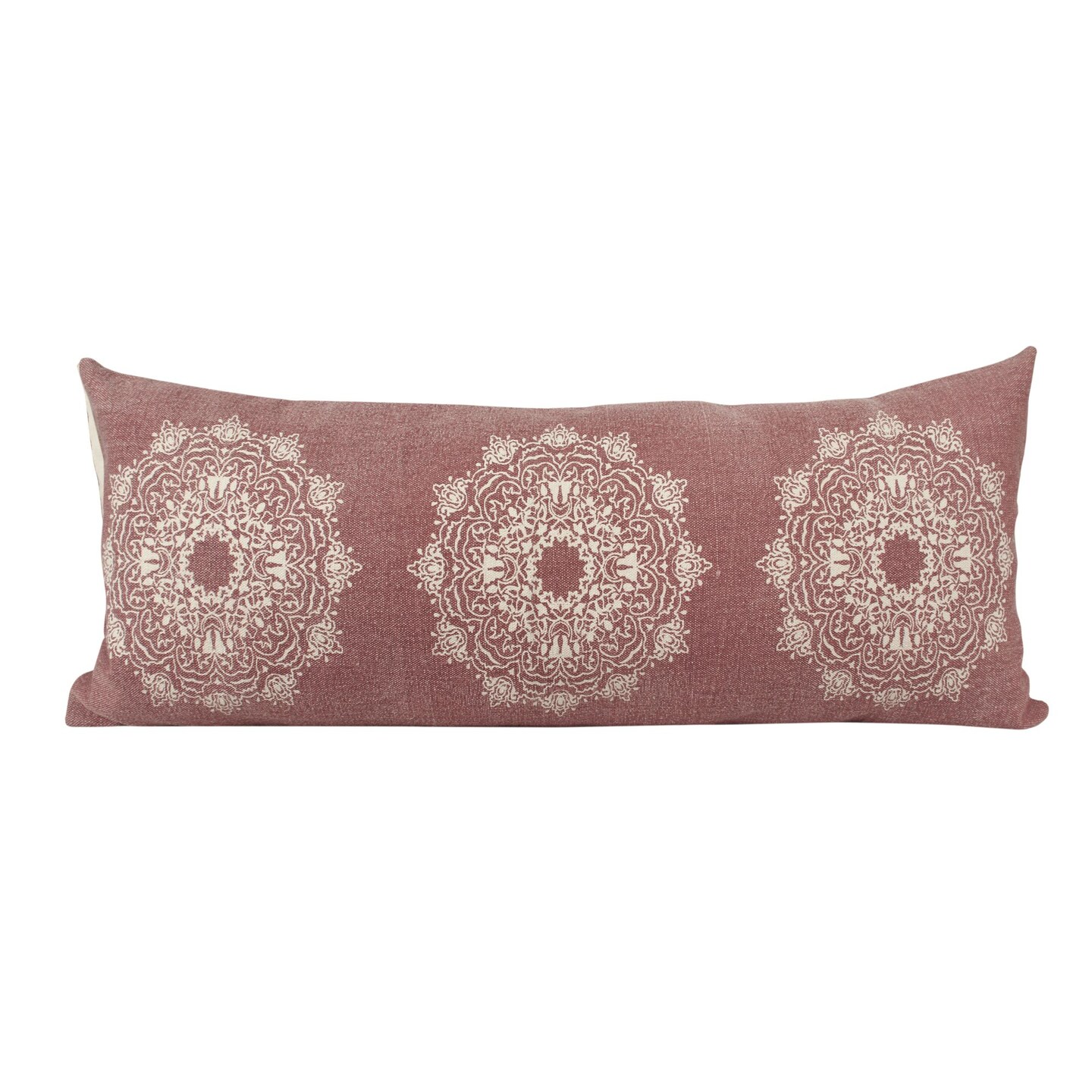 Laddha Home Designs Hand Woven Bohemian Mandala Medallion Lumbar Throw Pillow - 36" - Dusty Rose and White