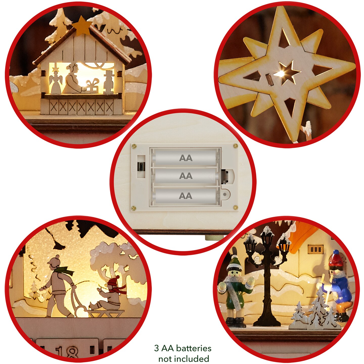 Casafield Wooden Christmas Advent Calendar with Drawers, Christmas Countdown LED Holiday Decoration with Shooting Star and Light Background