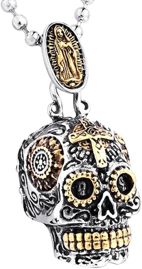 Stainless Steel Sugar Skull Pendant Necklace Gothic Skeleton Pendants for Men with 24inch Chain