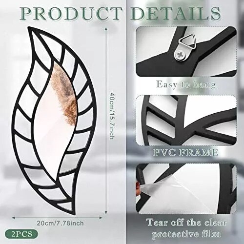 2 Pcs Mirror Wall Decor Art Leaf Mounted Mirror Decorative Teardrop Mirror Wall