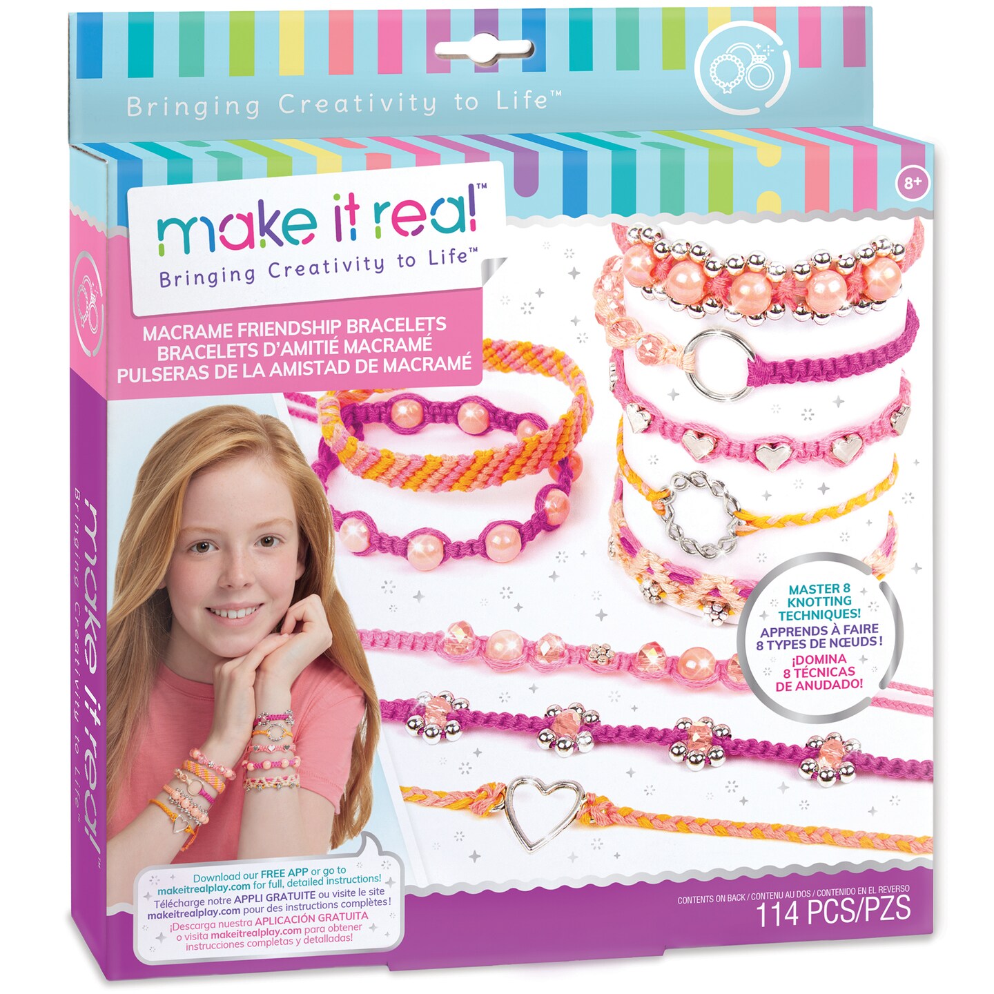 Make It Real: Macrame Friendship Bracelets - Create Unique Cord Charm Bracelets, Master 8 Knotting Techniques, 114 Pieces, Includes Play Tray, All-In-One, DIY Charm &#x26; Bead Jewelry Kit, Tweens &#x26; Girls, Arts &#x26; Crafts, Kids Ages 8+