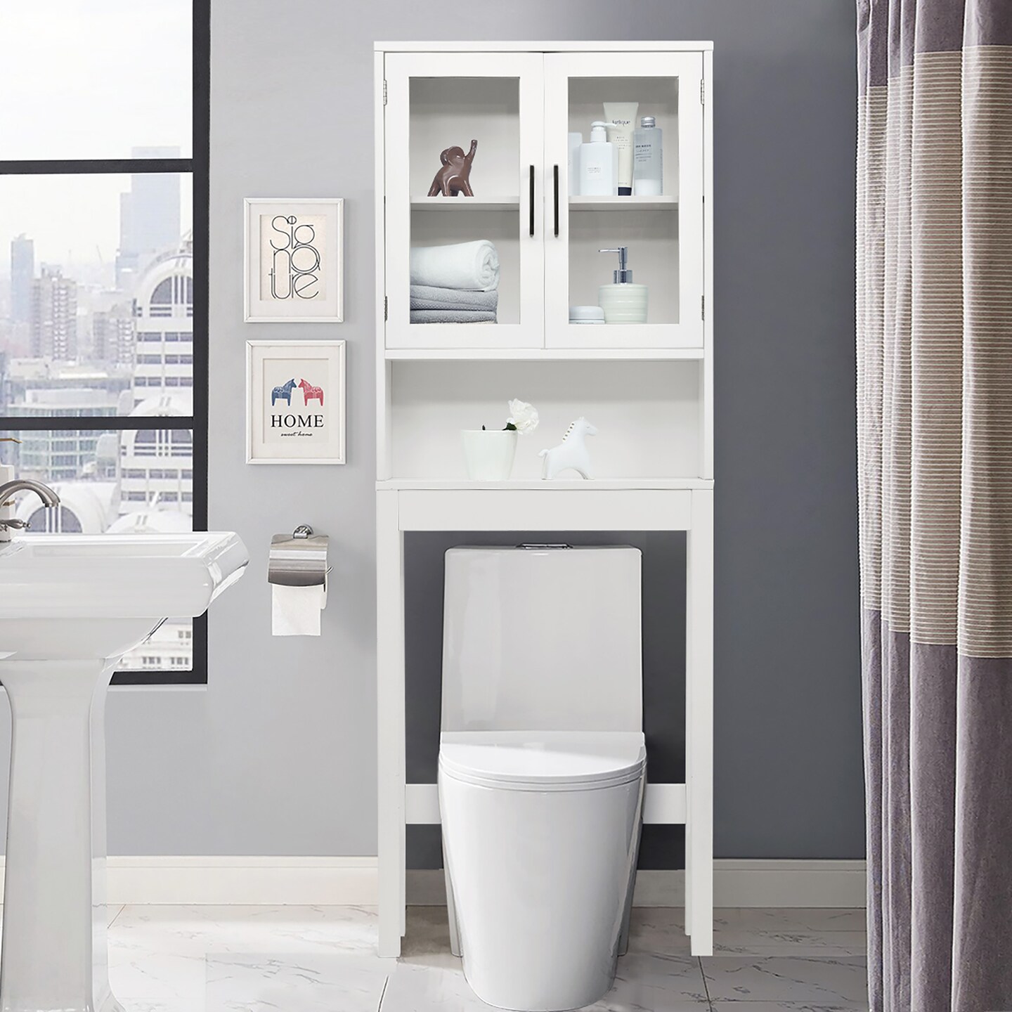 Costway Over the Toilet Storage Cabinet Bathroom Space Saver w/Tempered Glass Door White