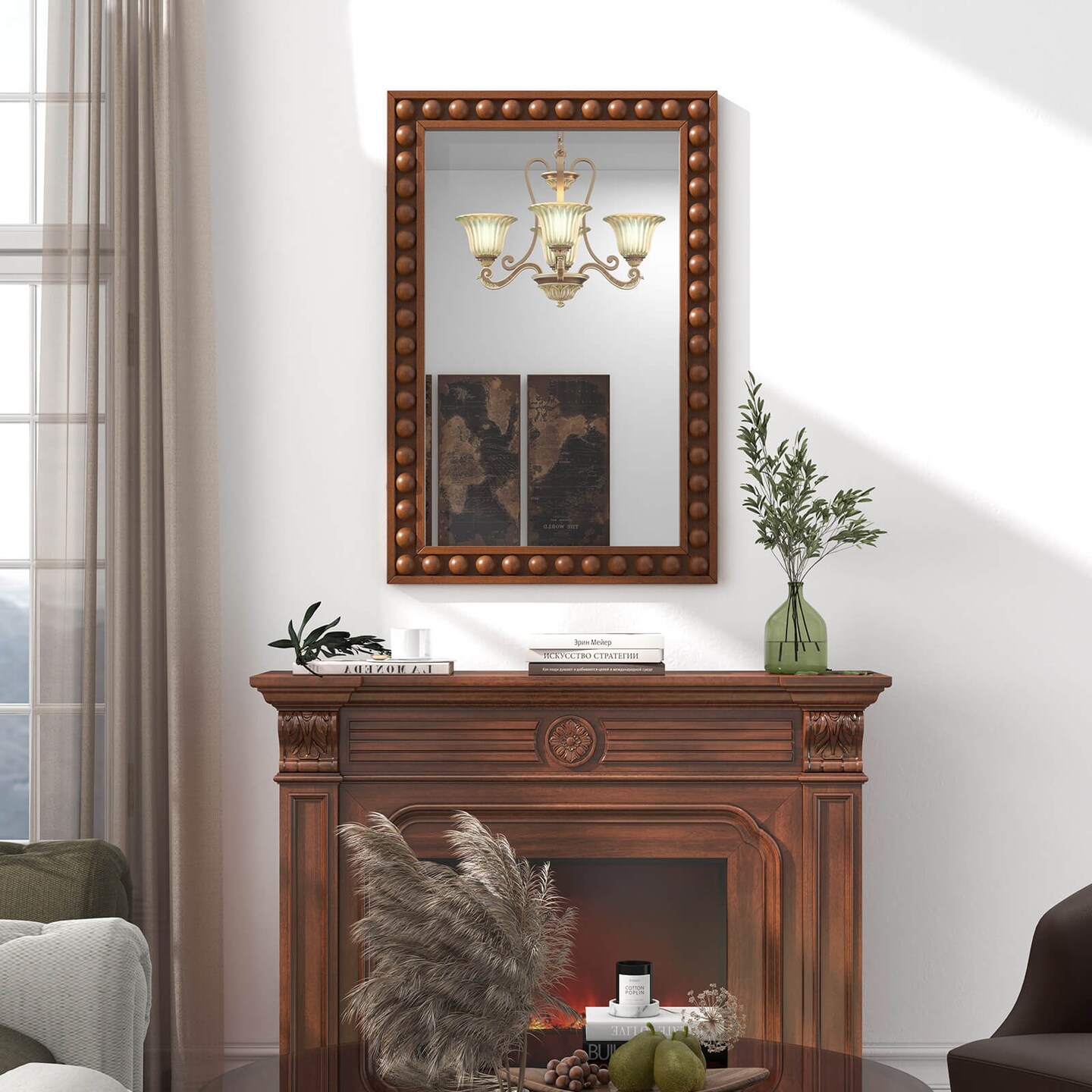 Costway 24" x 36" Rustic Decorative Wall Mirror with Solid Wood Frame Beads for Living Room Brown/White