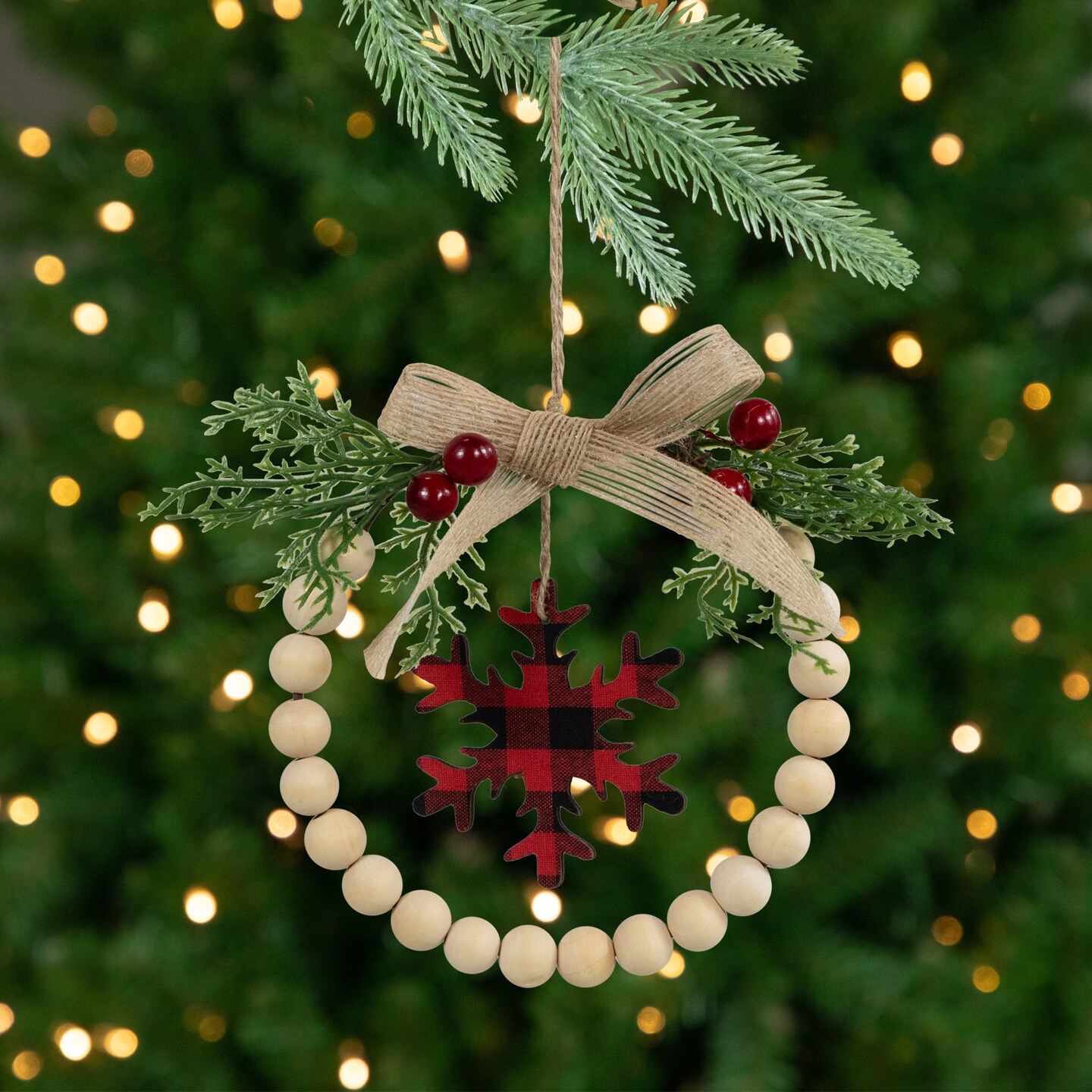 Northlight Buffalo Plaid Snowflake Wooden Beads Christmas Wreath Ornament - 7"