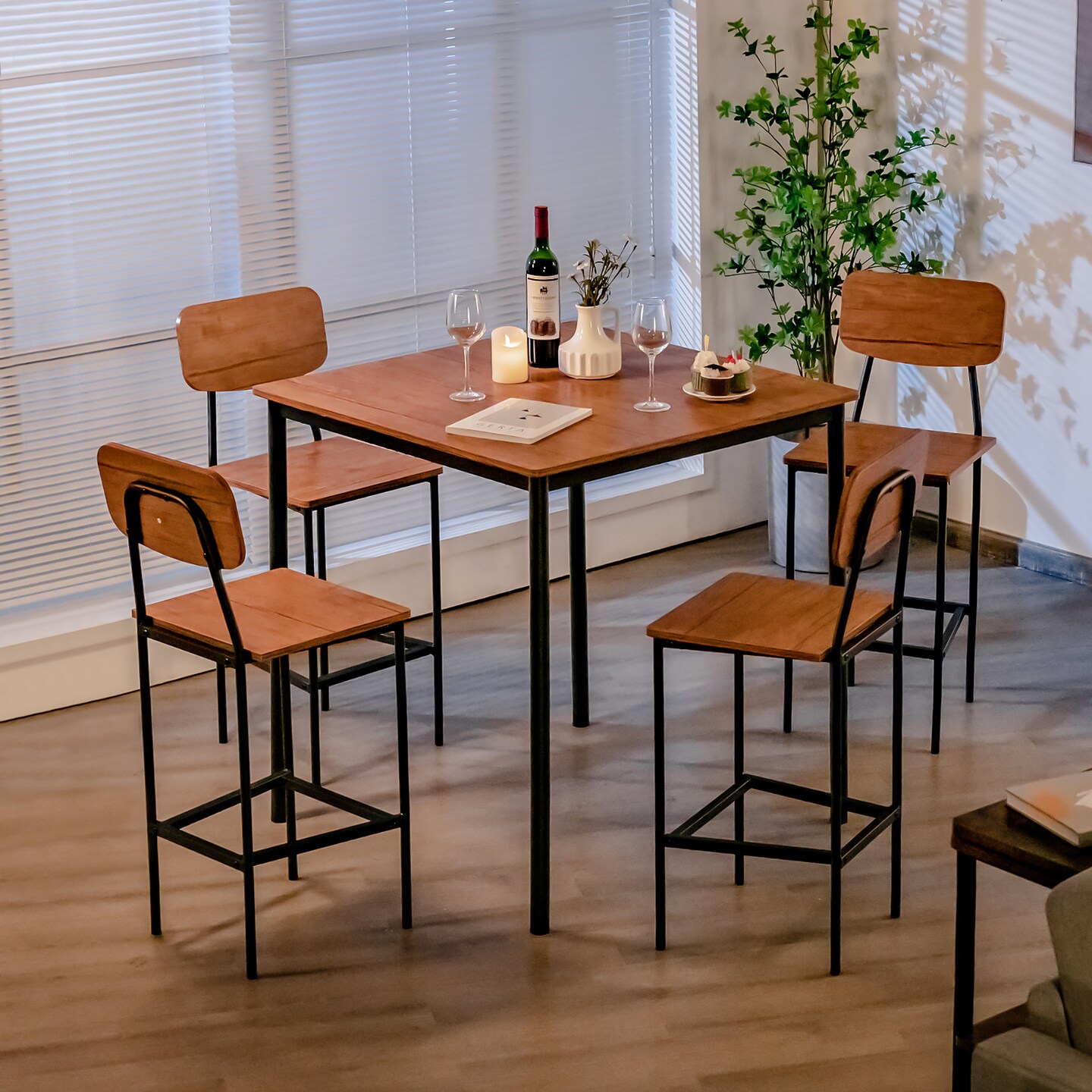 Costway 5-Piece Industrial Dining Table Set with Counter Height Table &#x26; 4 Bar Stools Black/Grey/Walnut