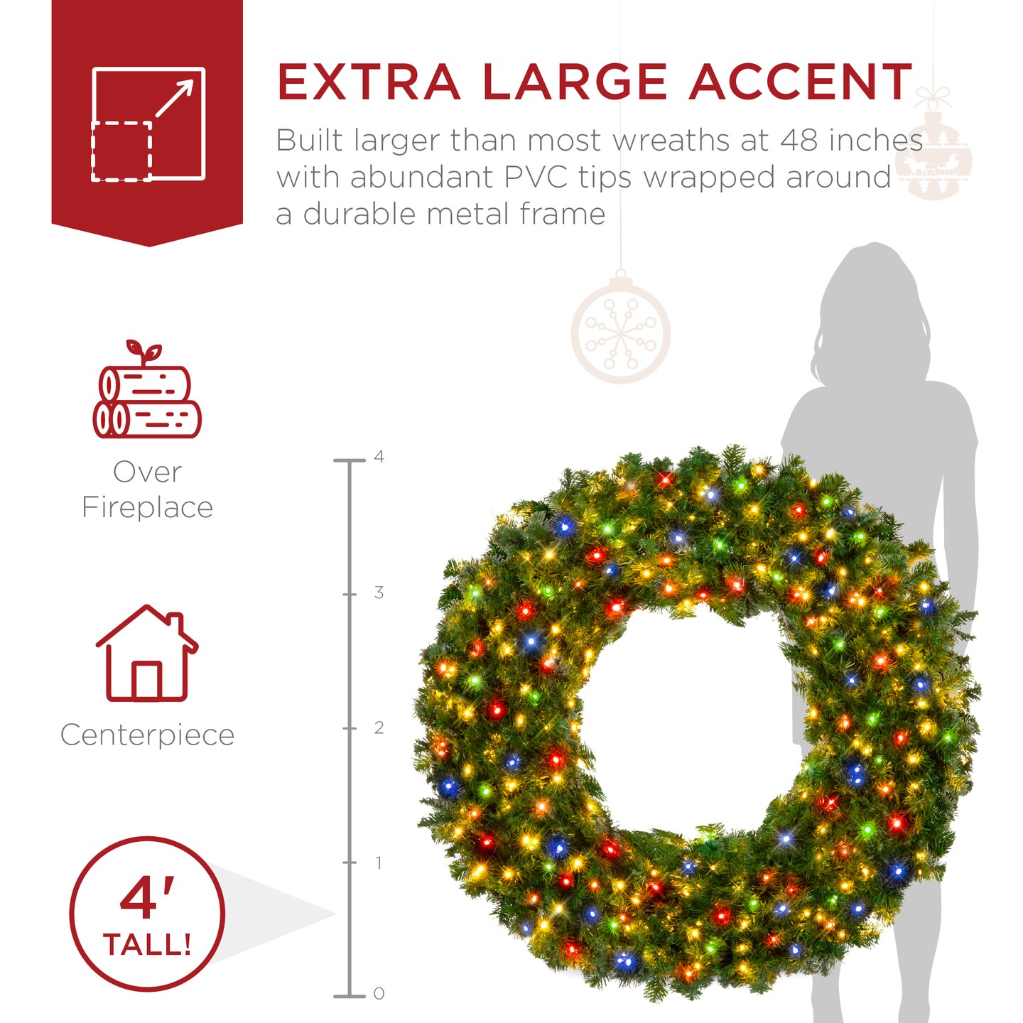 Best Choice Products Artificial Pre-Lit Fir Christmas Wreath Decoration w/ Multicolor Lights, Tips
