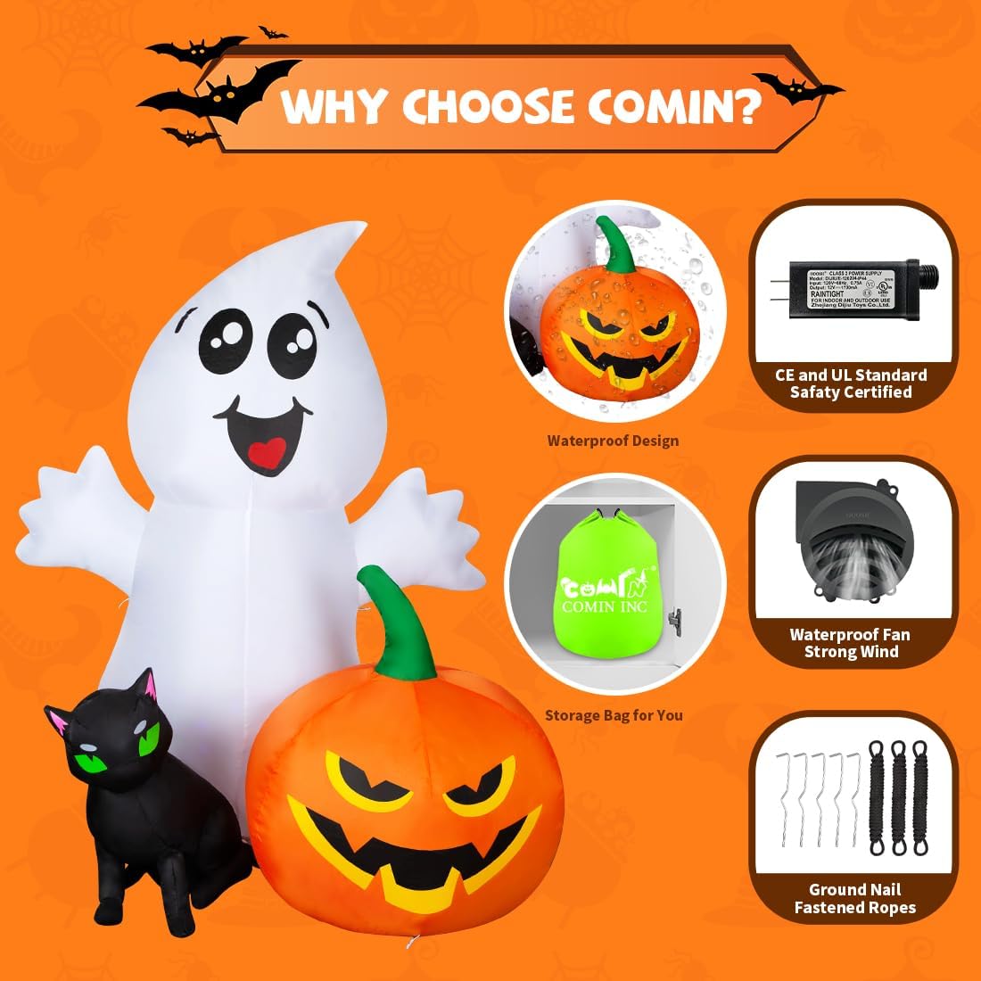 GOOSH Halloween Inflatable 5FT Ghost with Black Cat and Pumpkin with Built-in LEDs