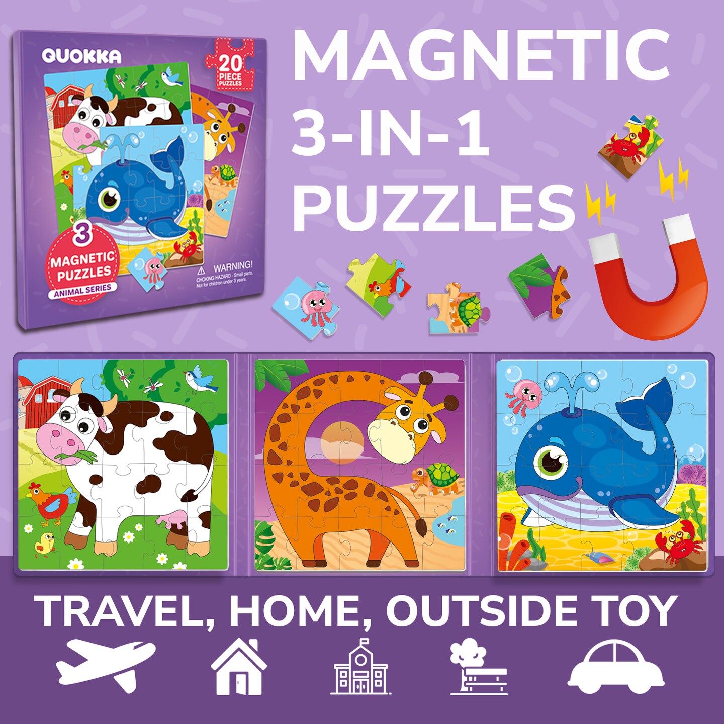 QUOKKA Magnetic Puzzles for Toddlers 2-4 - 20 Pieces Travel Puzzles Games for Kids Ages 3-5 by QUOKKA - Animal Car Activities Toy for Boys and Girls 4-6 yo - Learning Magnet for Road Trip