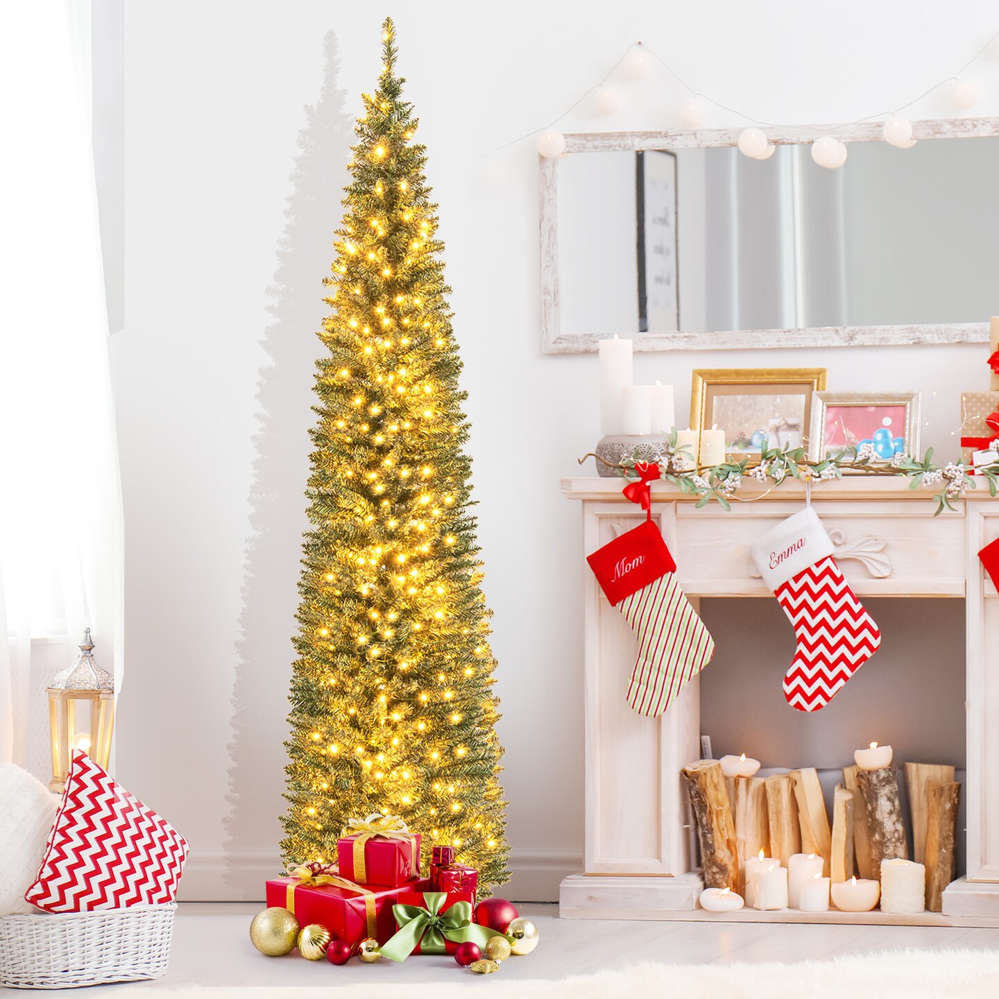 Pre-lit Pencil Artificial Christmas Tree with Warm White LED Lights