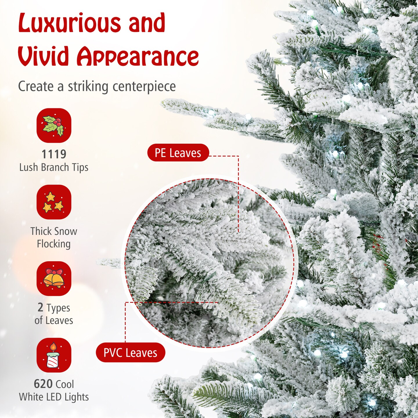 Snow Flocked Artificial Christmas Tree with Cool White LED Lights