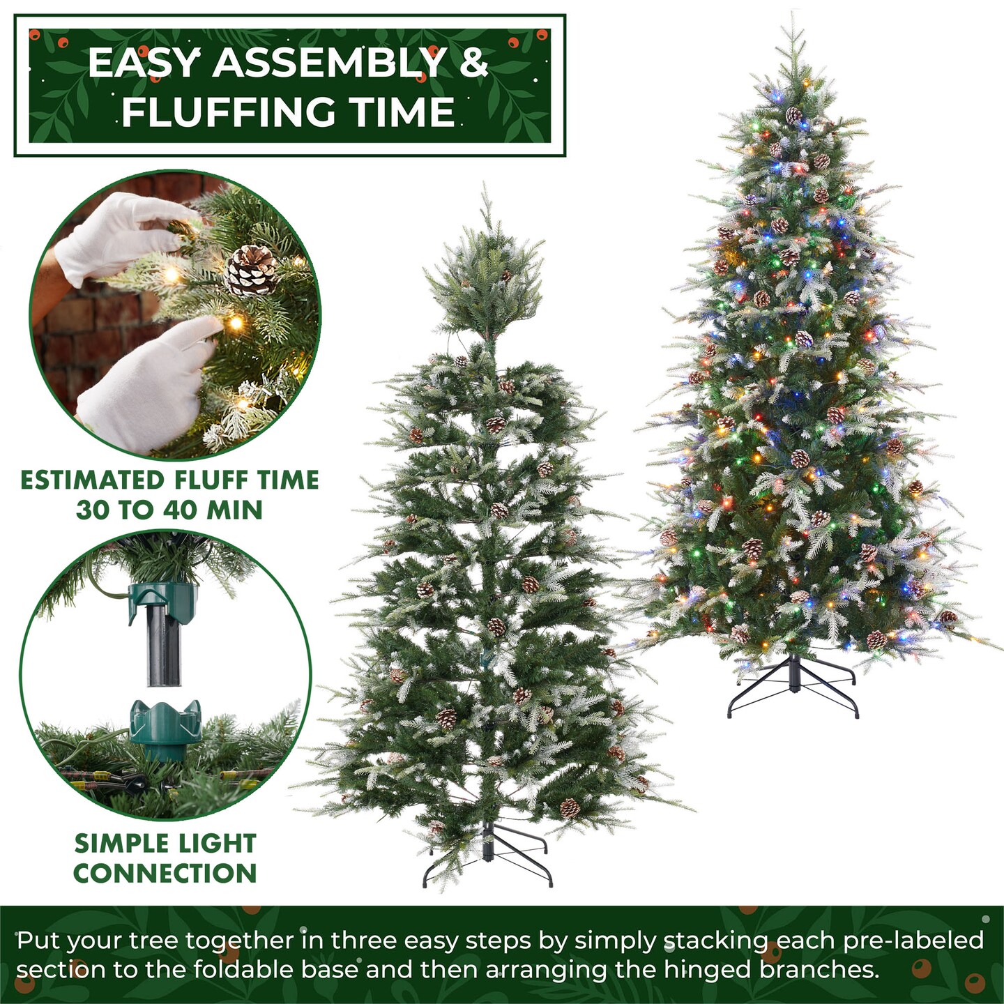 Casafield Pre-Lit Slim Aspen Fir Christmas Tree with White &#x26; Multicolored LED Lights, Realistic Artificial Noble Fir with Metal Stand