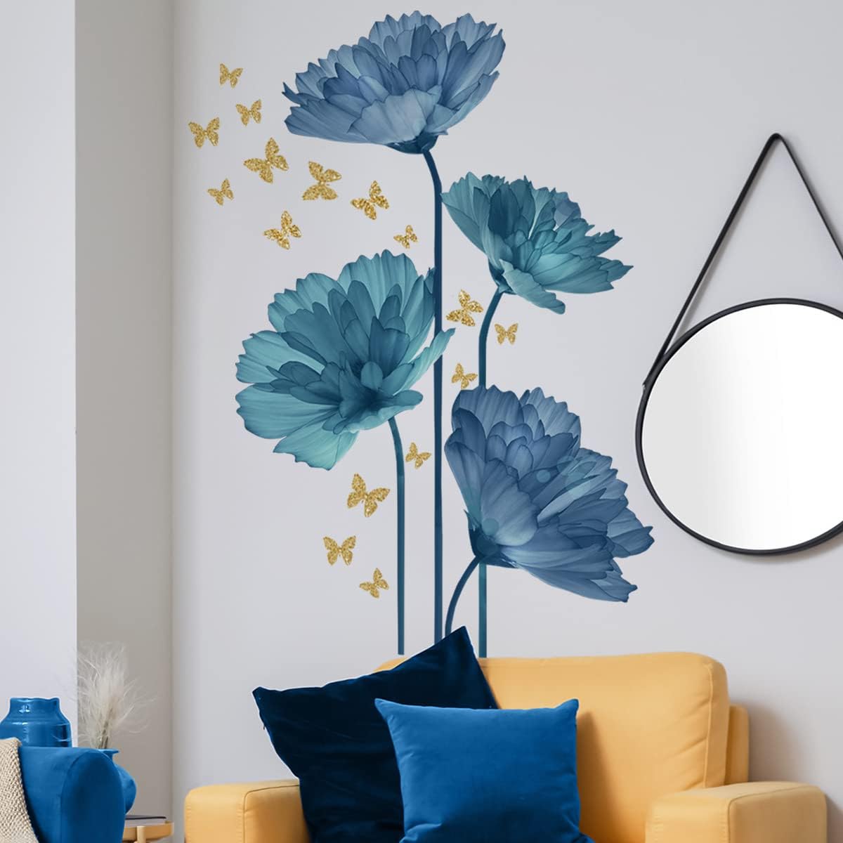 Large Blue Flower & Butterfly Wall Decals – Floral Stickers for Living Room, Bedroom & Bathroom