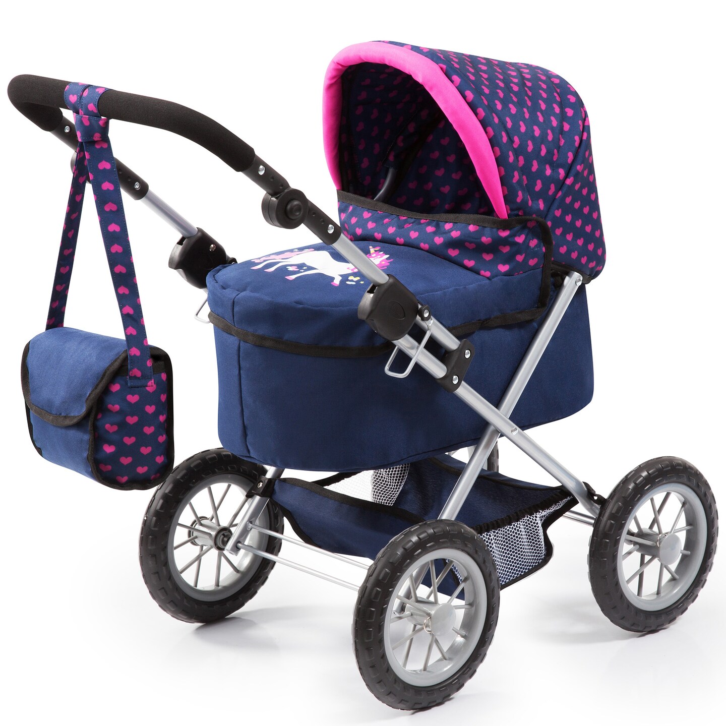 Bayer Design Dolls: Trendy Pram - Blue, Pink, Hearts - Includes Shoulder Bag, Fits Dolls Up To 18&#x22;, Adjustable Handle, Kids Pretend Play, Shopping Basket, Easy To Fold, Accessory For Plush Toys Stuffed Animals &#x26; Dolls, Suitable For Children Ages 3+