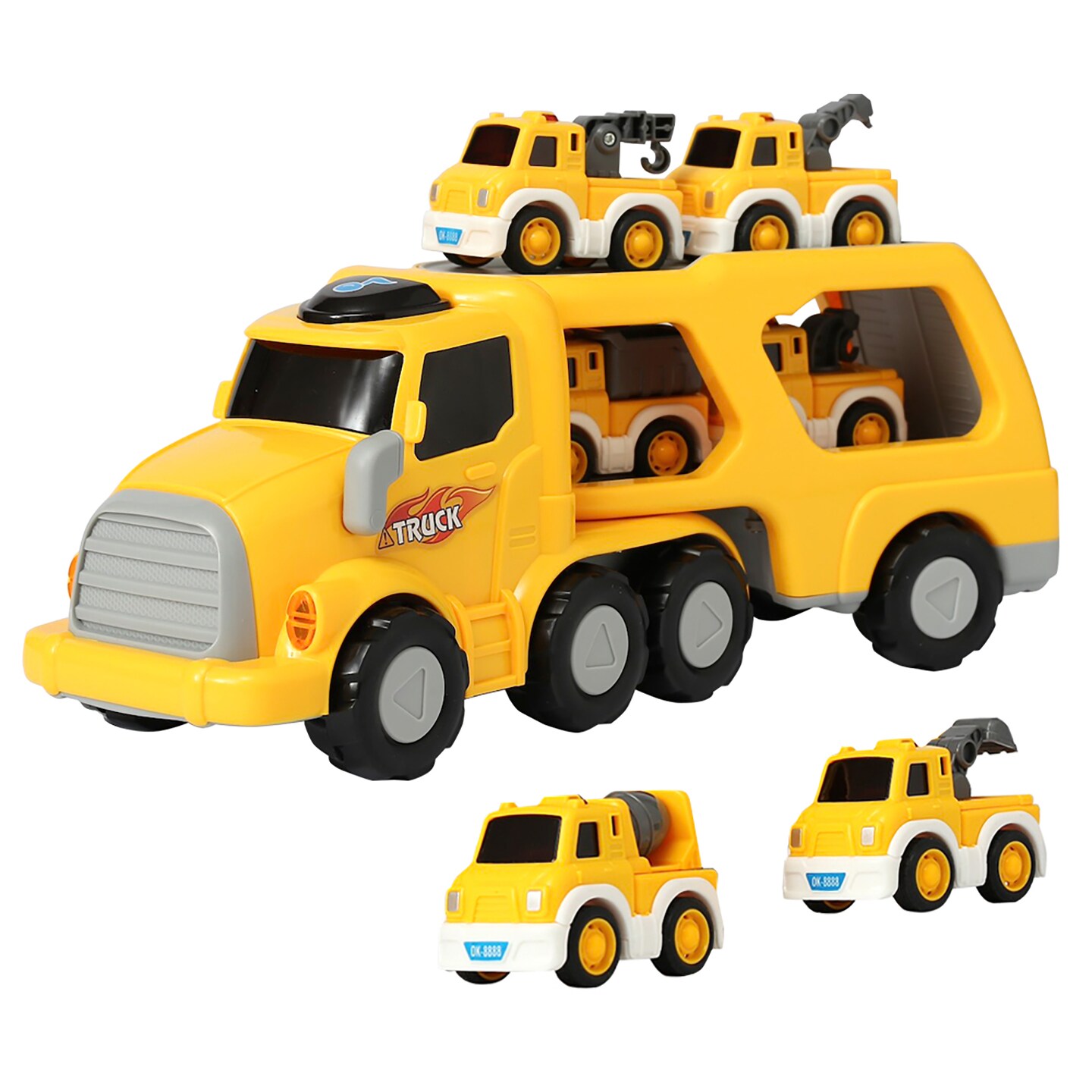 Trimate Toy Trucks for boys. 7 Pack Toddler Trucks for 3,4,5,6 Years Old Boys. Transport Truck with 6 Construction Toys (A Dump Truck, A Mixed Truck, Two Cranes Trucks, A Drill Excavator Truck and An Excavator Truck)