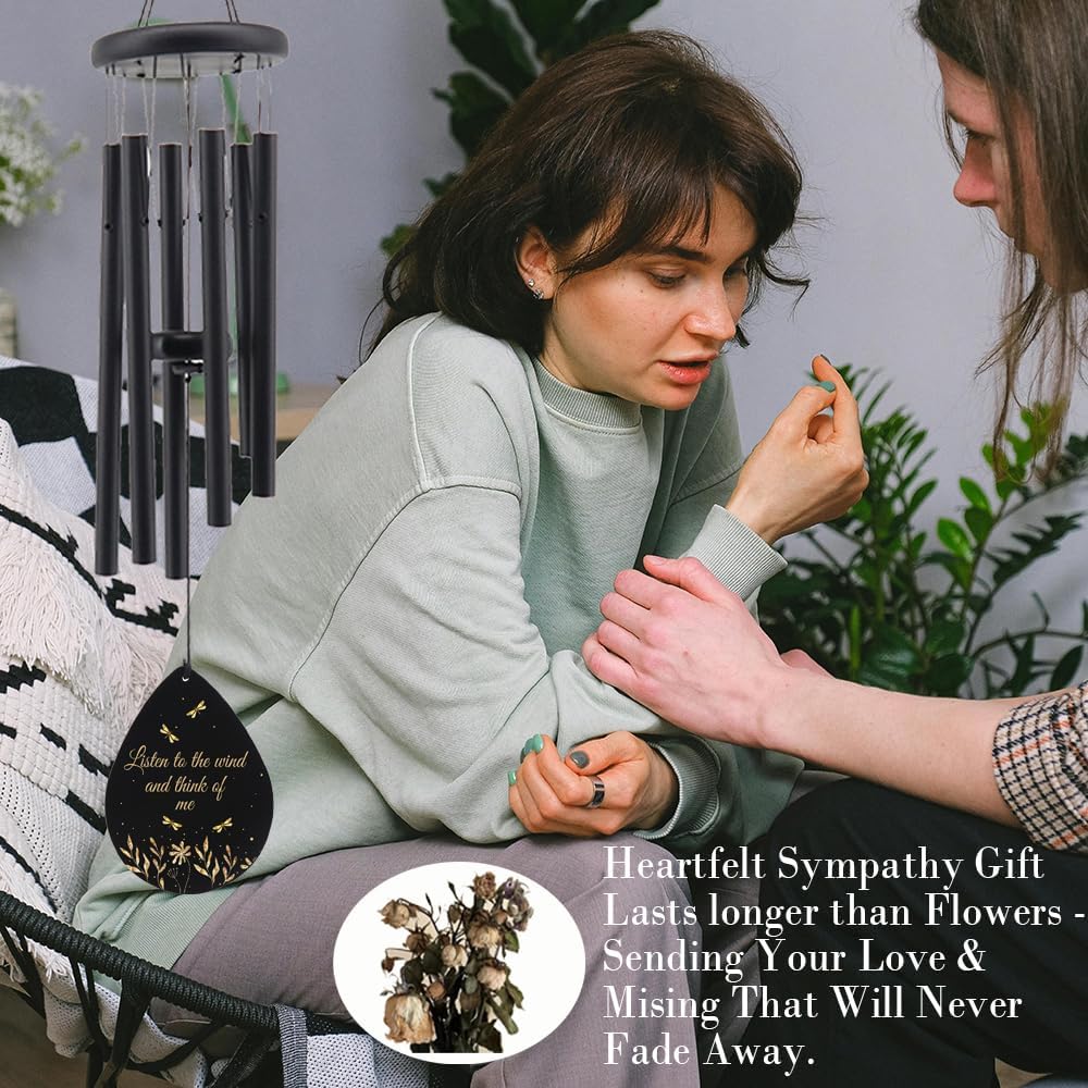 Memorial Sympathy Wind Chimes for Outside, Dragonfly Wind Chimes for Loss of Loved One Mother Father for Bereavement/Condolence/Funerary Gift Idea,32inch Wooden,Black