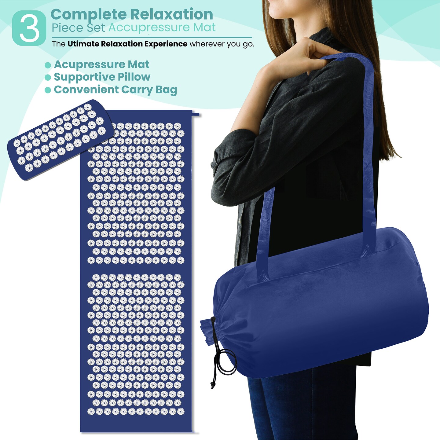 Acupressure Mat and Pillow Set - Grounding Mat for Stress, Back & Neck Pain - Acupuncture Point Massage Mat for Muscle Relaxation, Sciatica, & Meditation - Includes Carry Bag