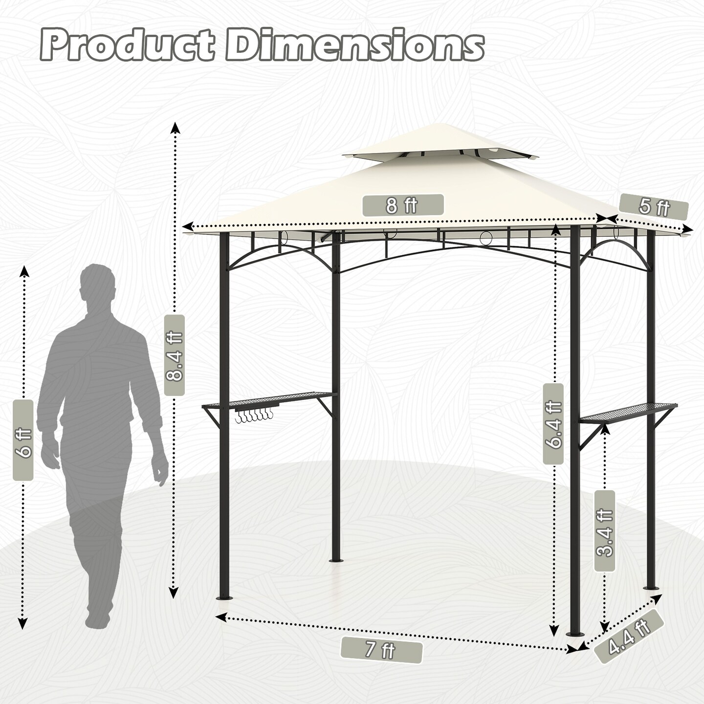 Multi-functional Outdoor Double-Tiered Grill Gazebo Canopy with 2 Side Shelves and 7 Hooks
