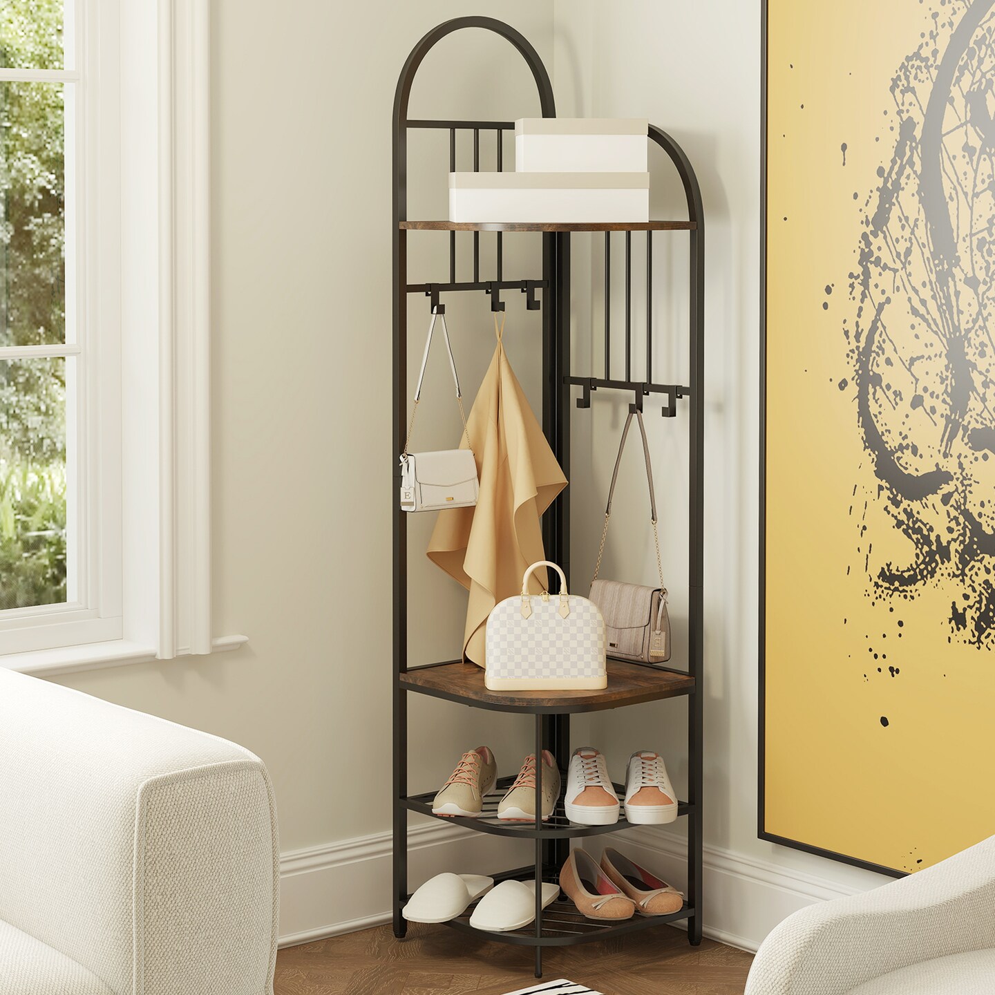 4-Tier Coat Rack Corner Tree with Shoe Bench and Hooks