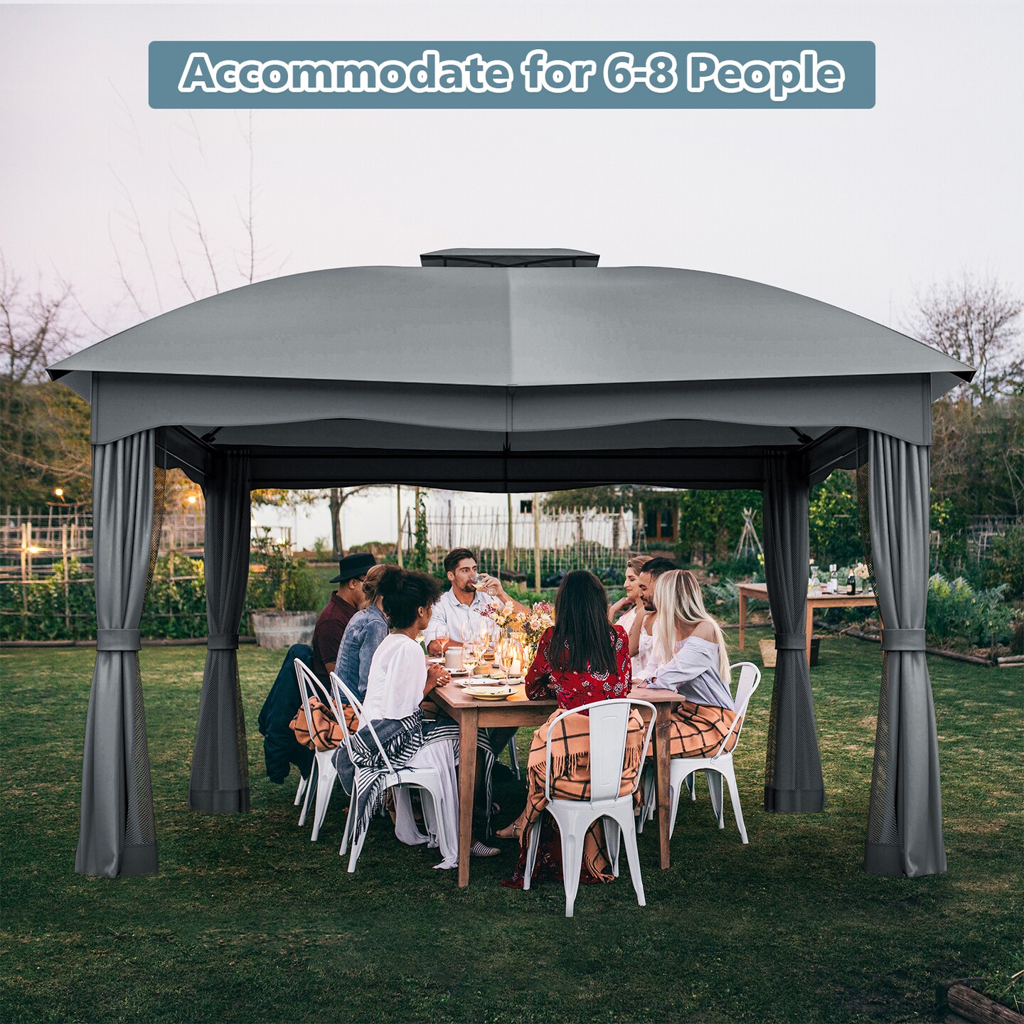 Polyester and Steel Gazebo with Mesh Walls, Curtains and Double Roof